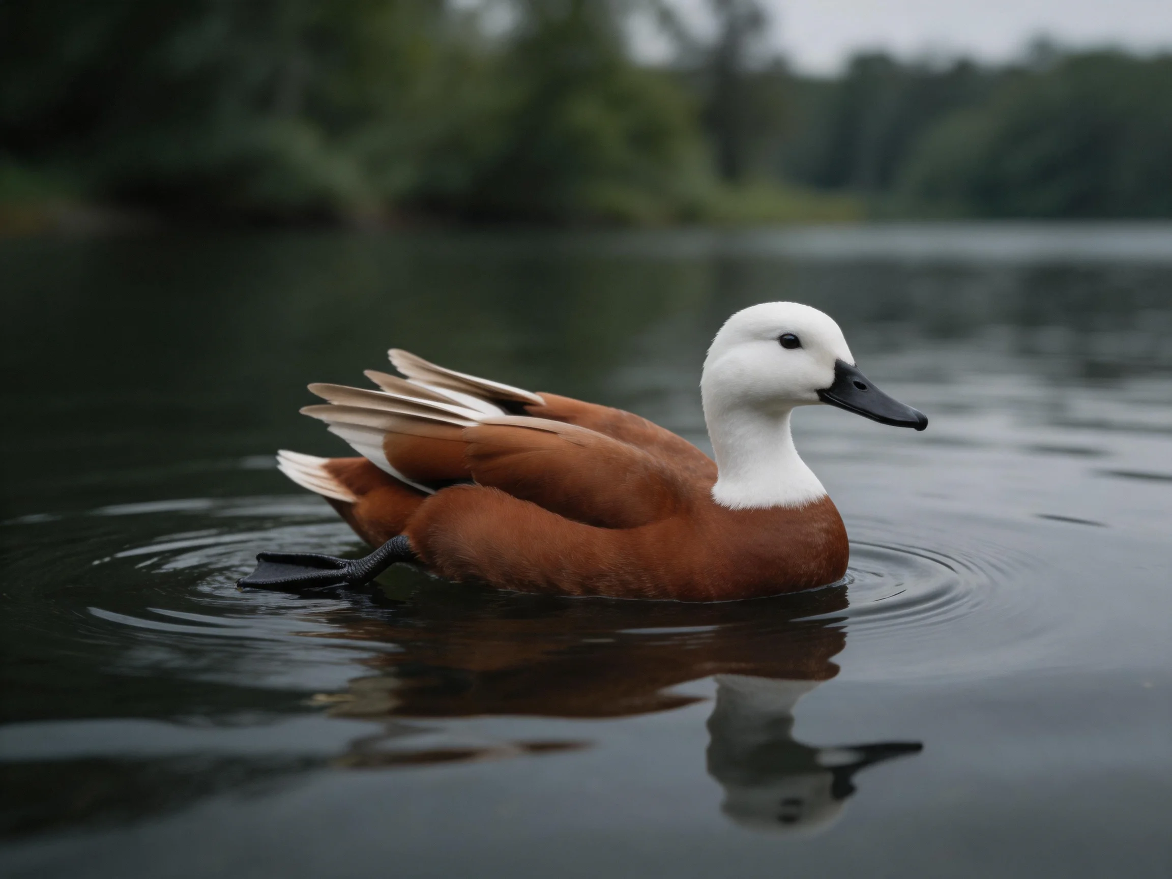 A brown and white duck swims on calm water near green trees