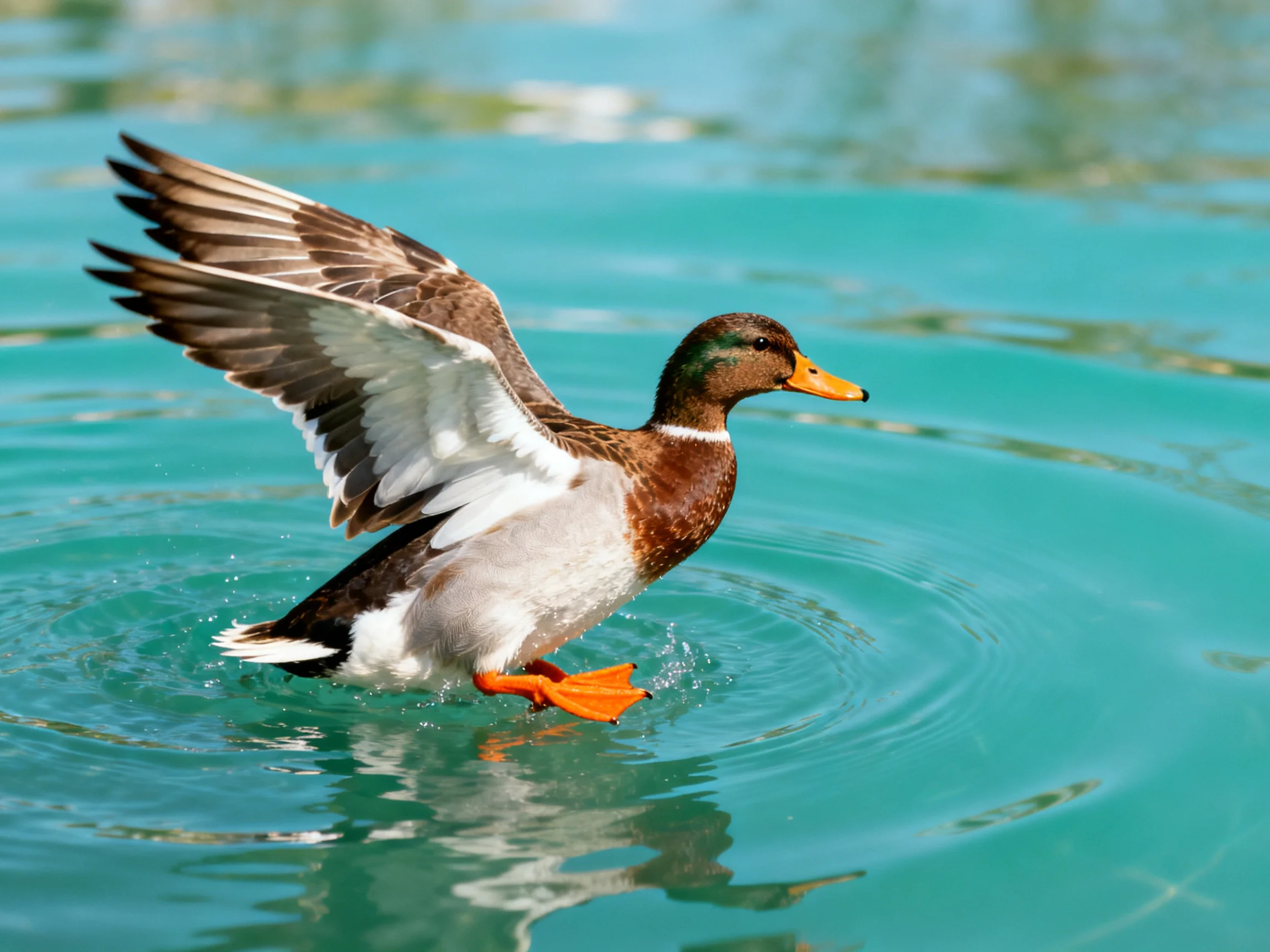 A brown and white duck with an orange beak landing in turquoise water