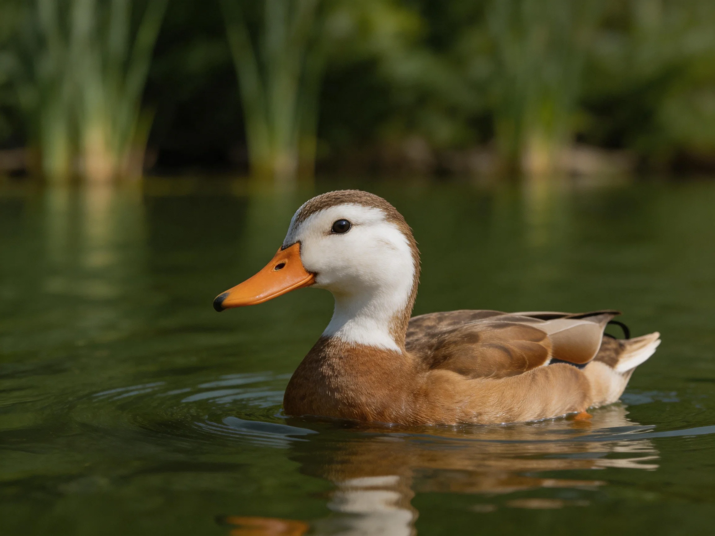 A brown and white duck with an orange beak swims in green water near tall vegetation