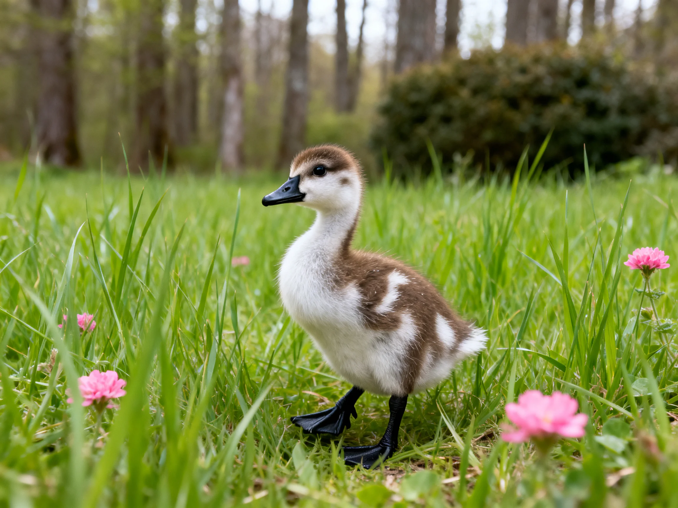 A brown and white duckling in tall green grass with pink flowers near trees