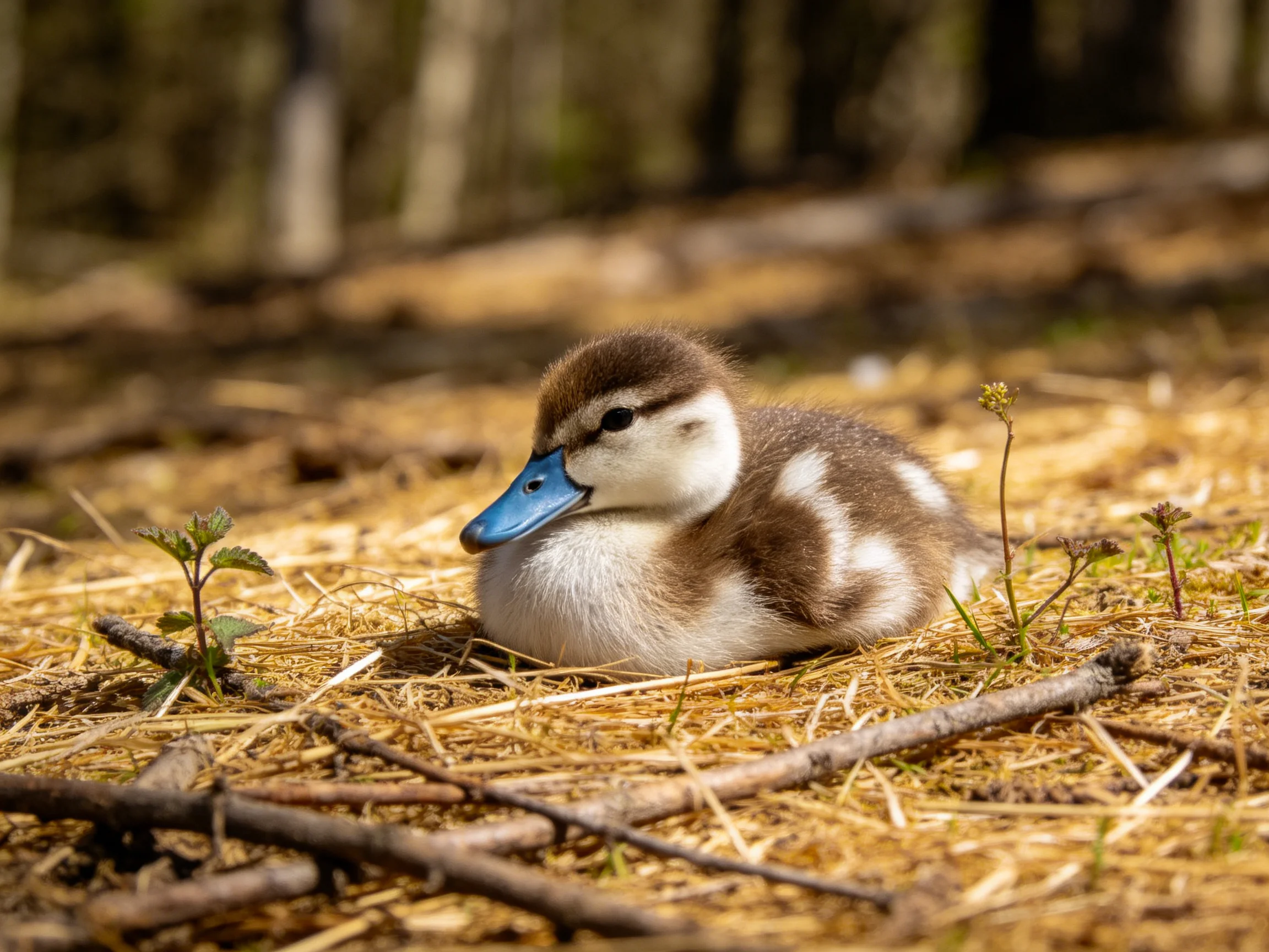 A brown and white duckling rests on straw near small plants