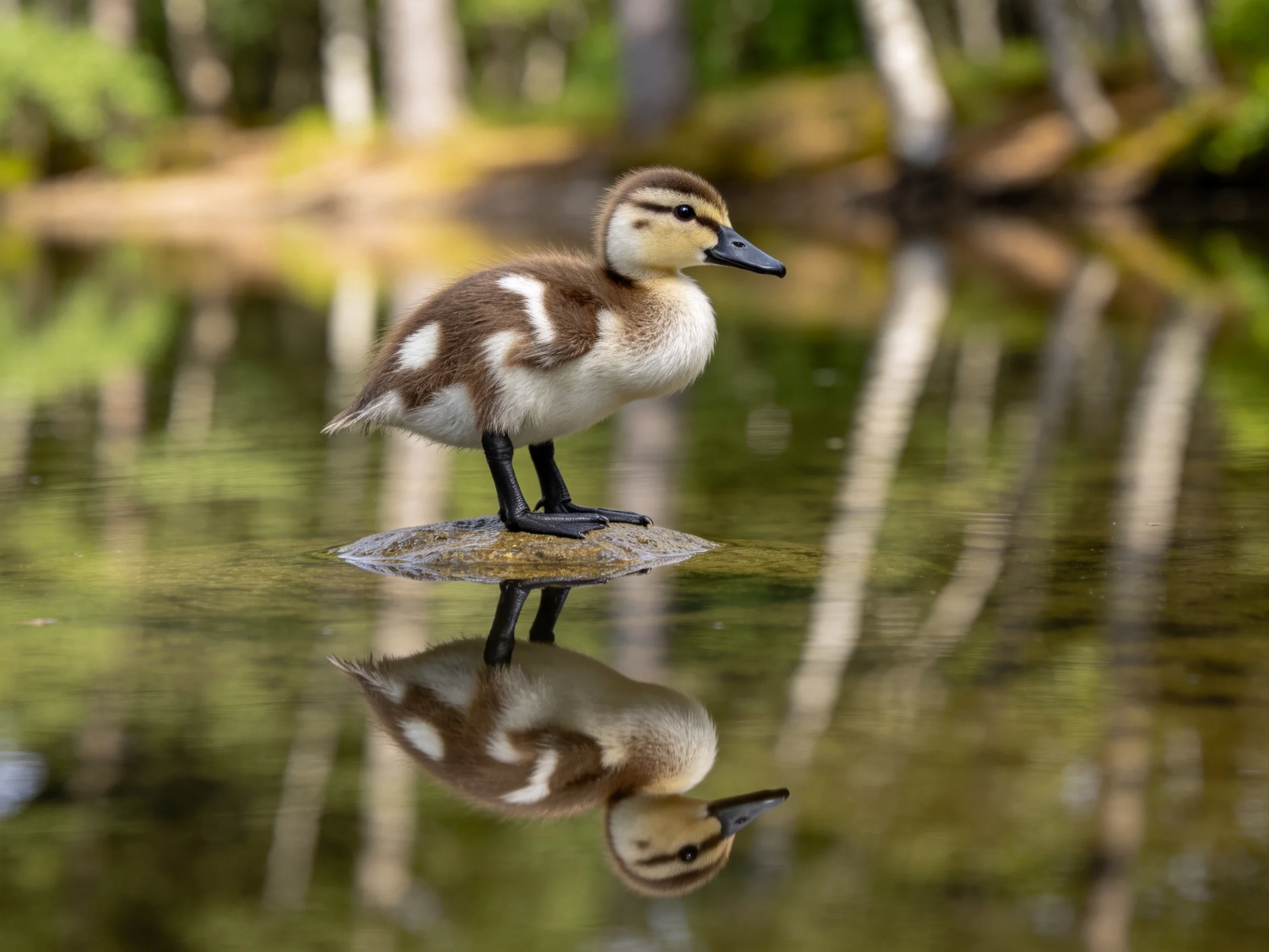 A brown and white duckling stands on a rock in calm water