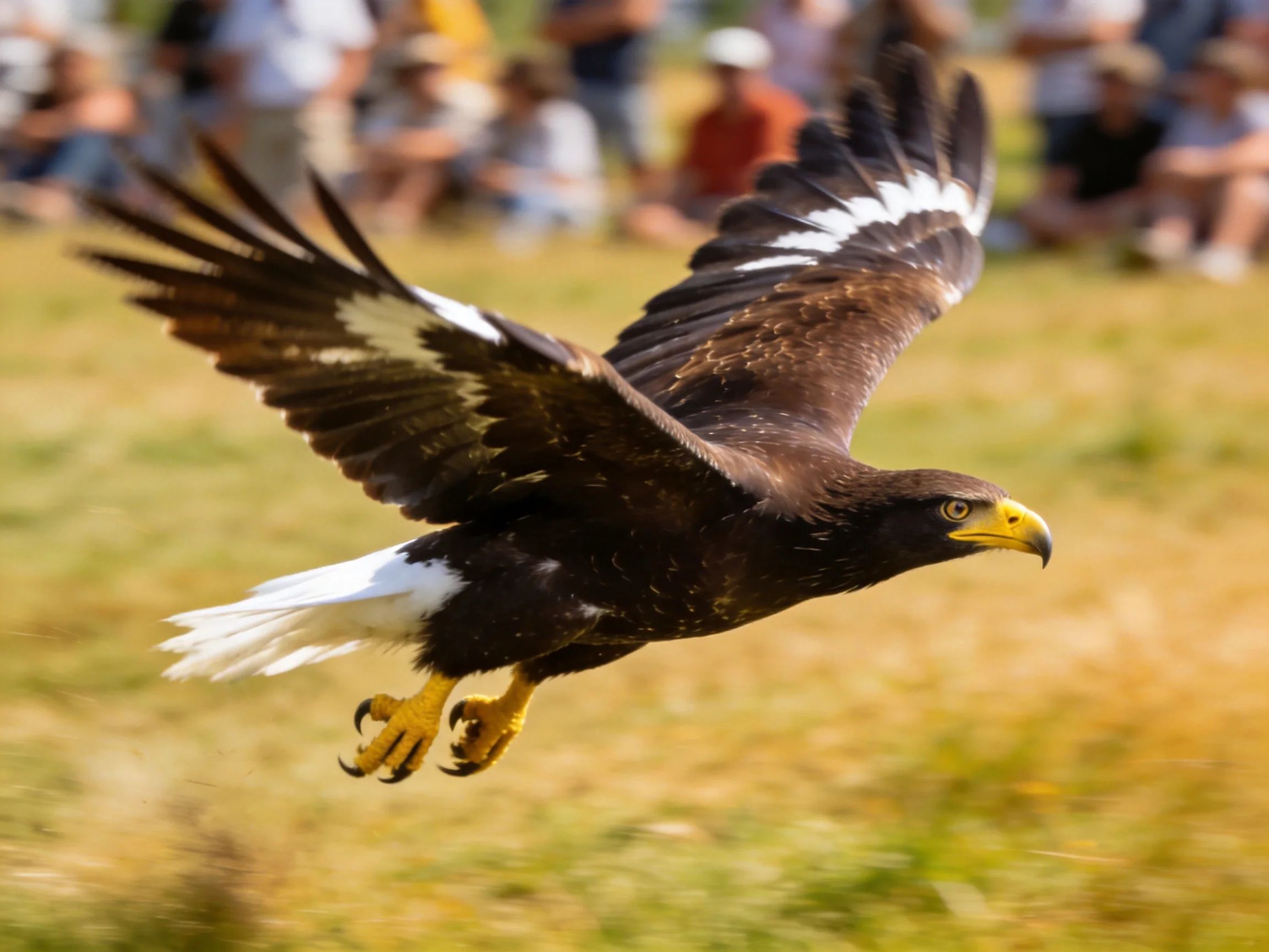 A brown and white eagle flies over a grassy field with spectators