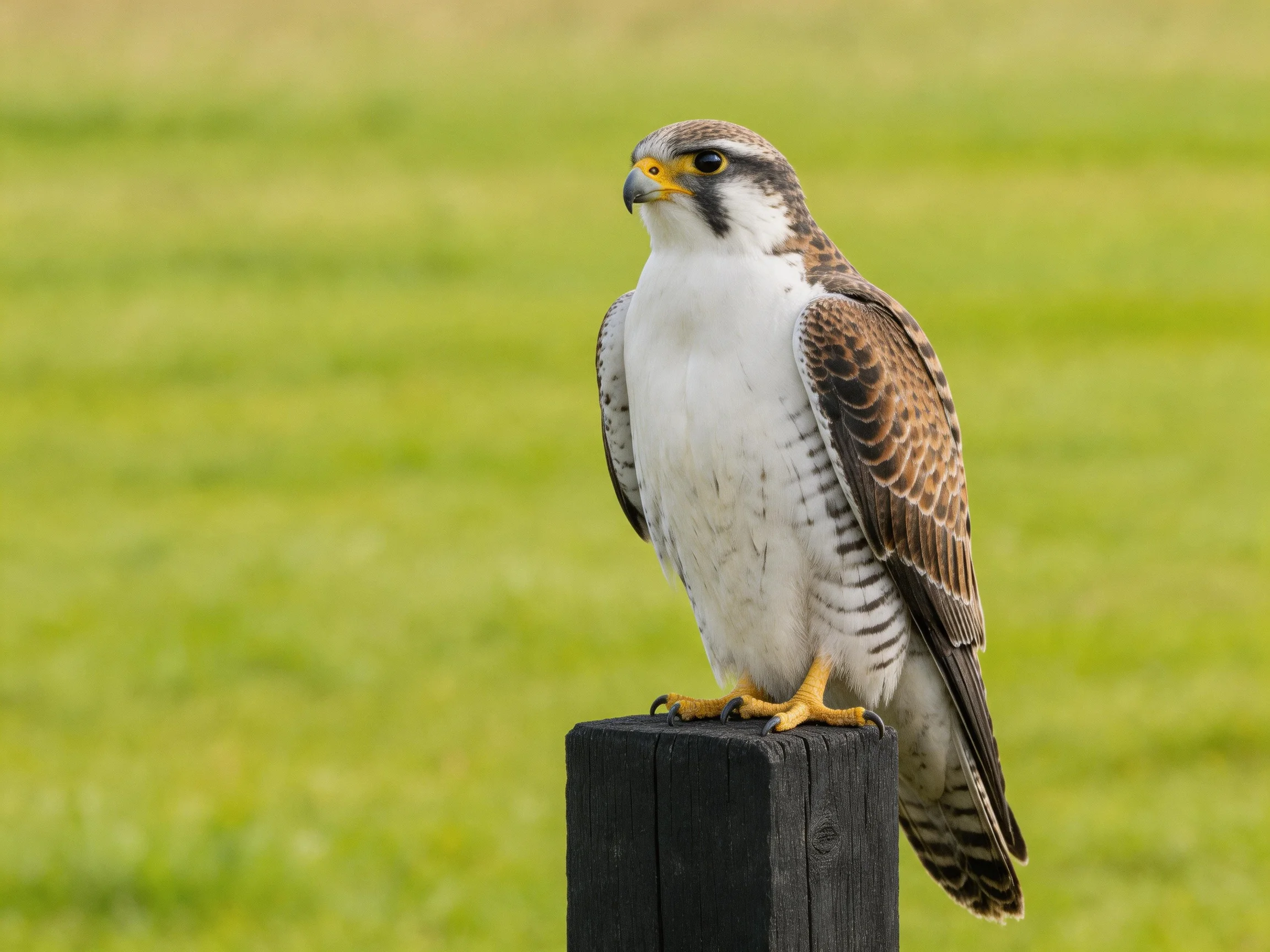 A brown and white falcon perches atop a black wooden post