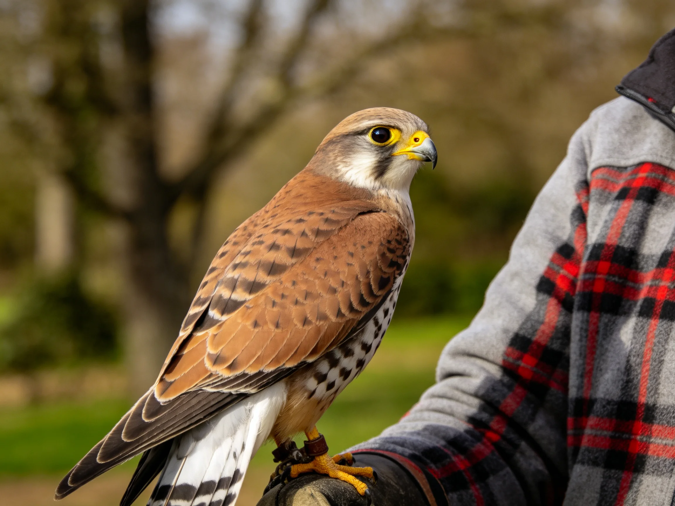 A brown and white falcon perches on a gloved hand beside a red plaid sleeve