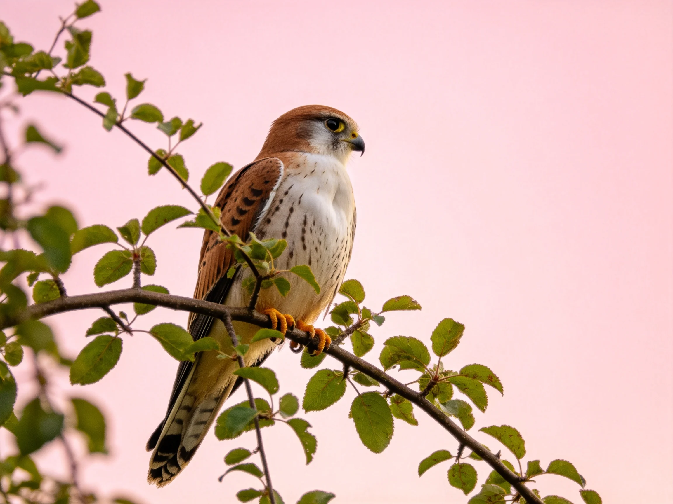 A brown and white falcon perches on a leafy branch under a pink sky
