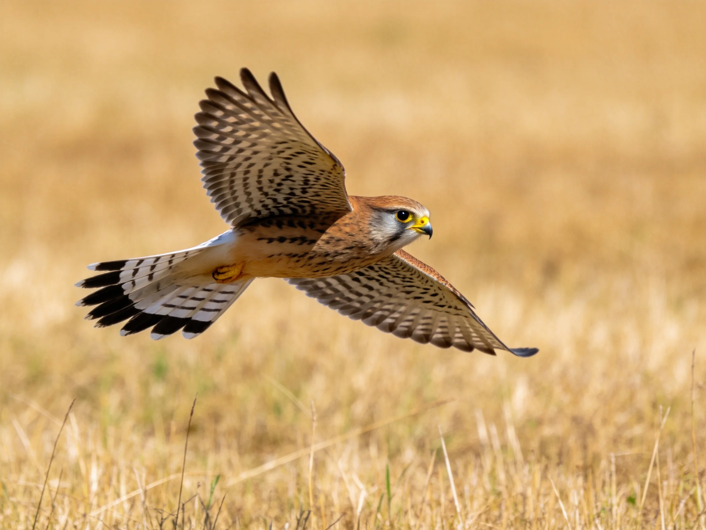 A brown and white falcon soars over golden grasslands