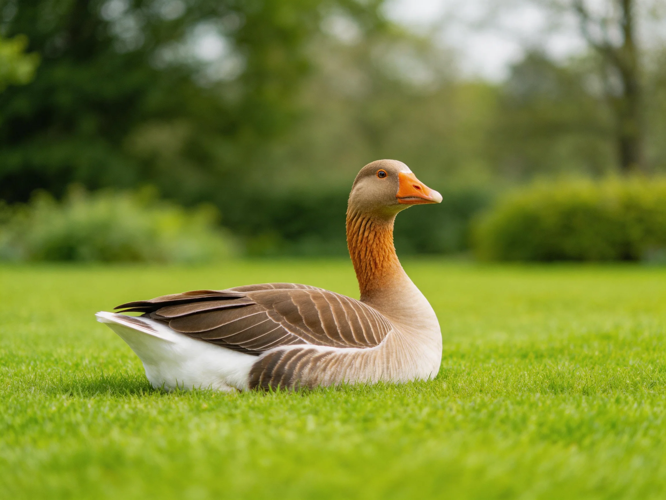 A brown and white goose resting on vibrant green grass