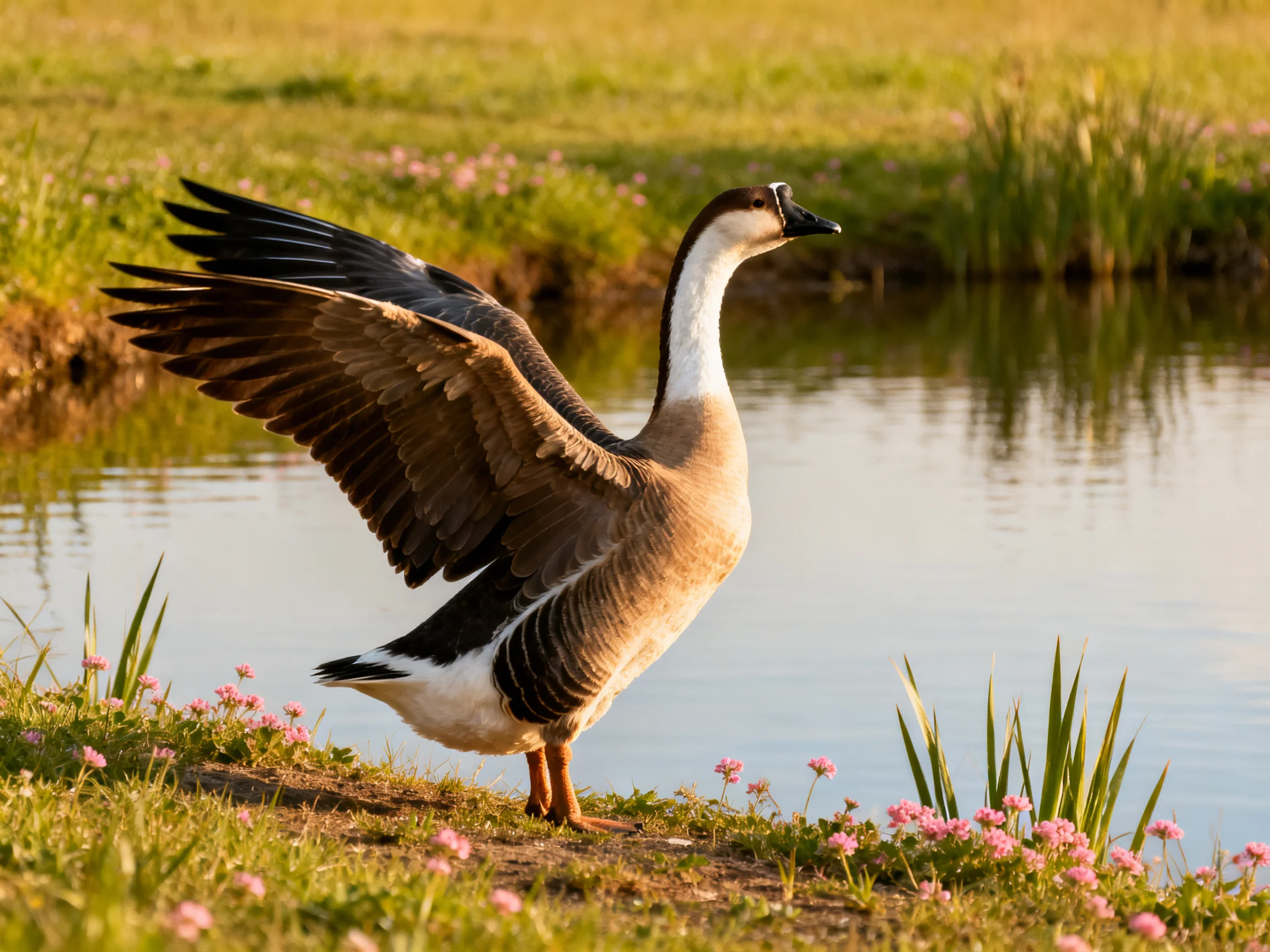 A brown and white goose spreading wings near a calm pond