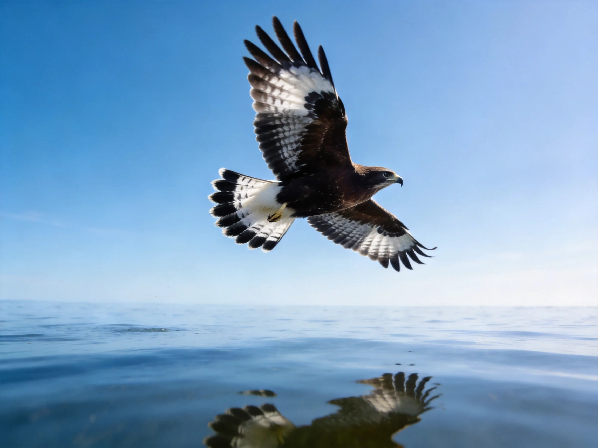 A brown and white hawk flies over blue waters
