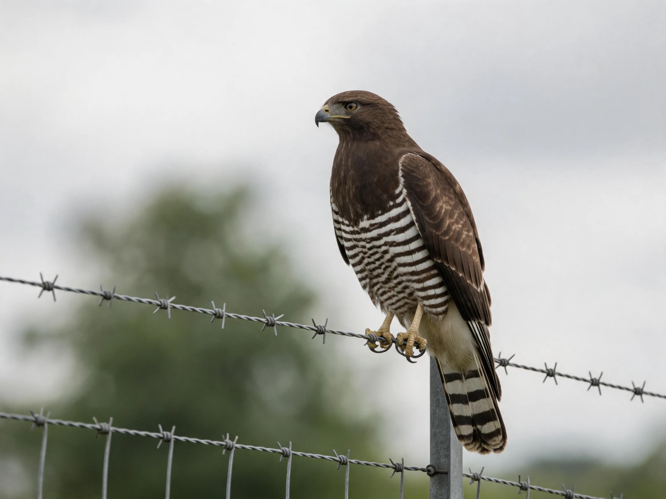 A brown and white hawk perched on barbed wire fence