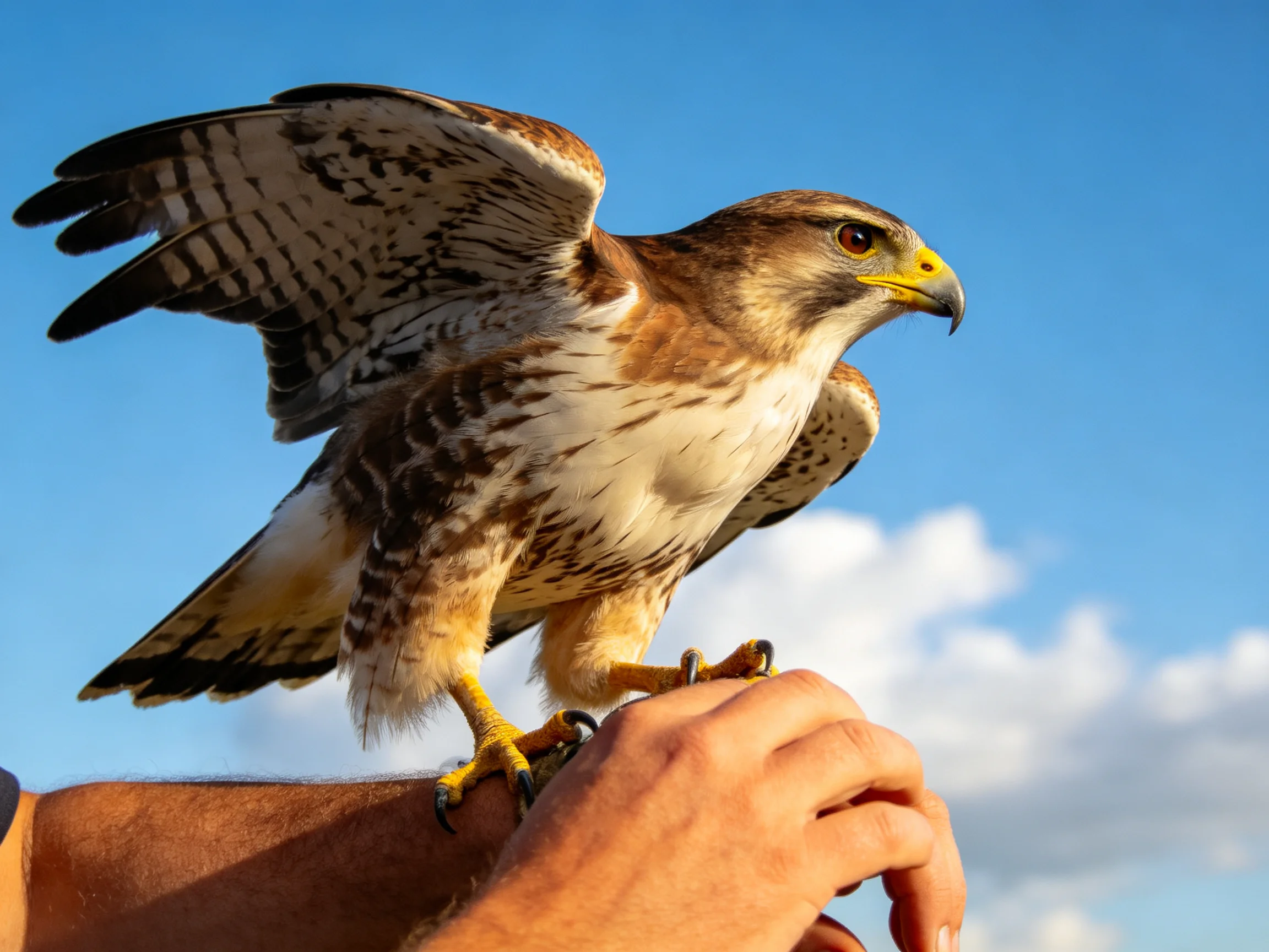 A brown and white hawk perches on a human hand under clear blue sky