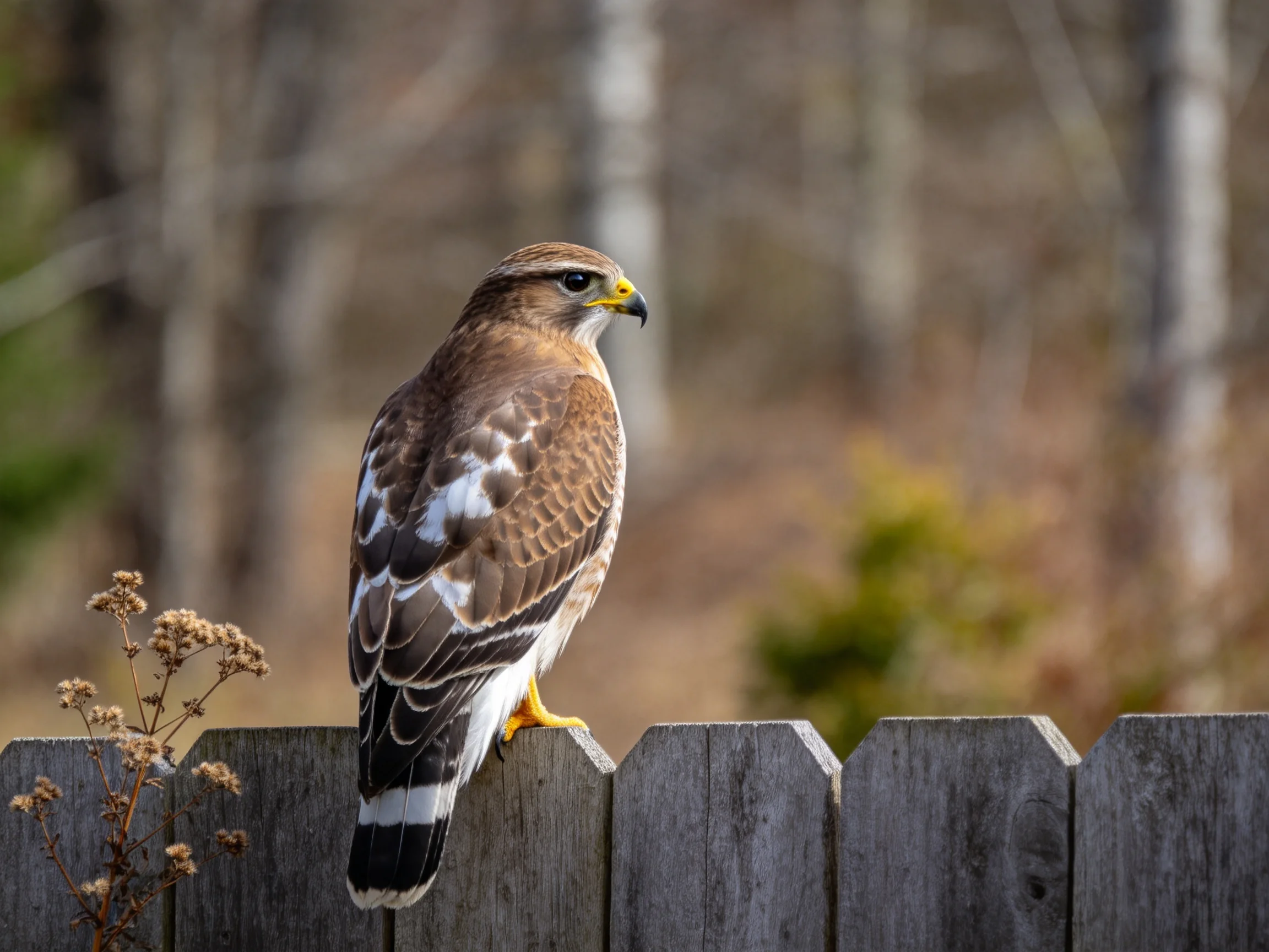 A brown and white hawk perches on a weathered wooden fence