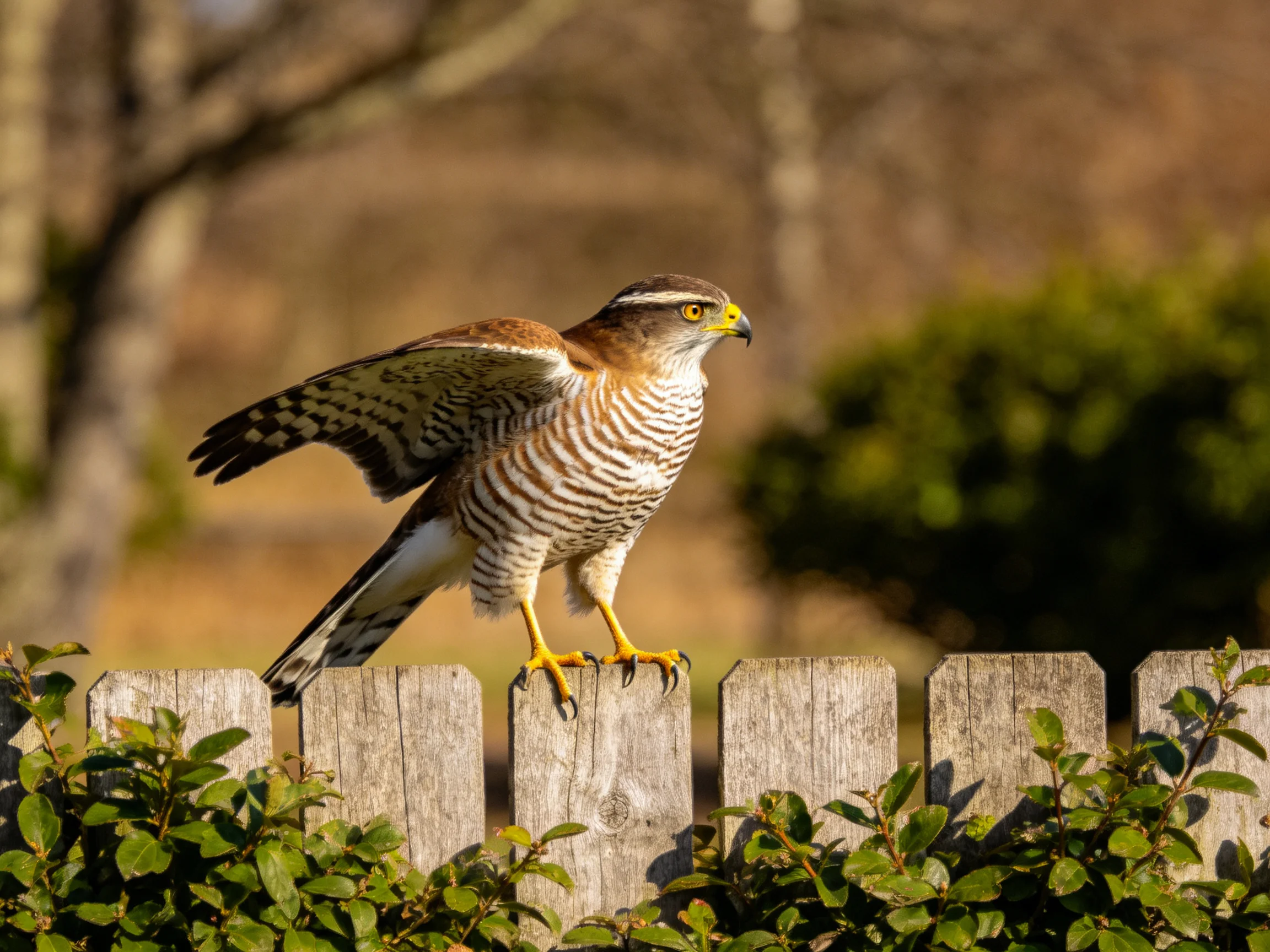A brown and white hawk perches on a weathered wooden fence
