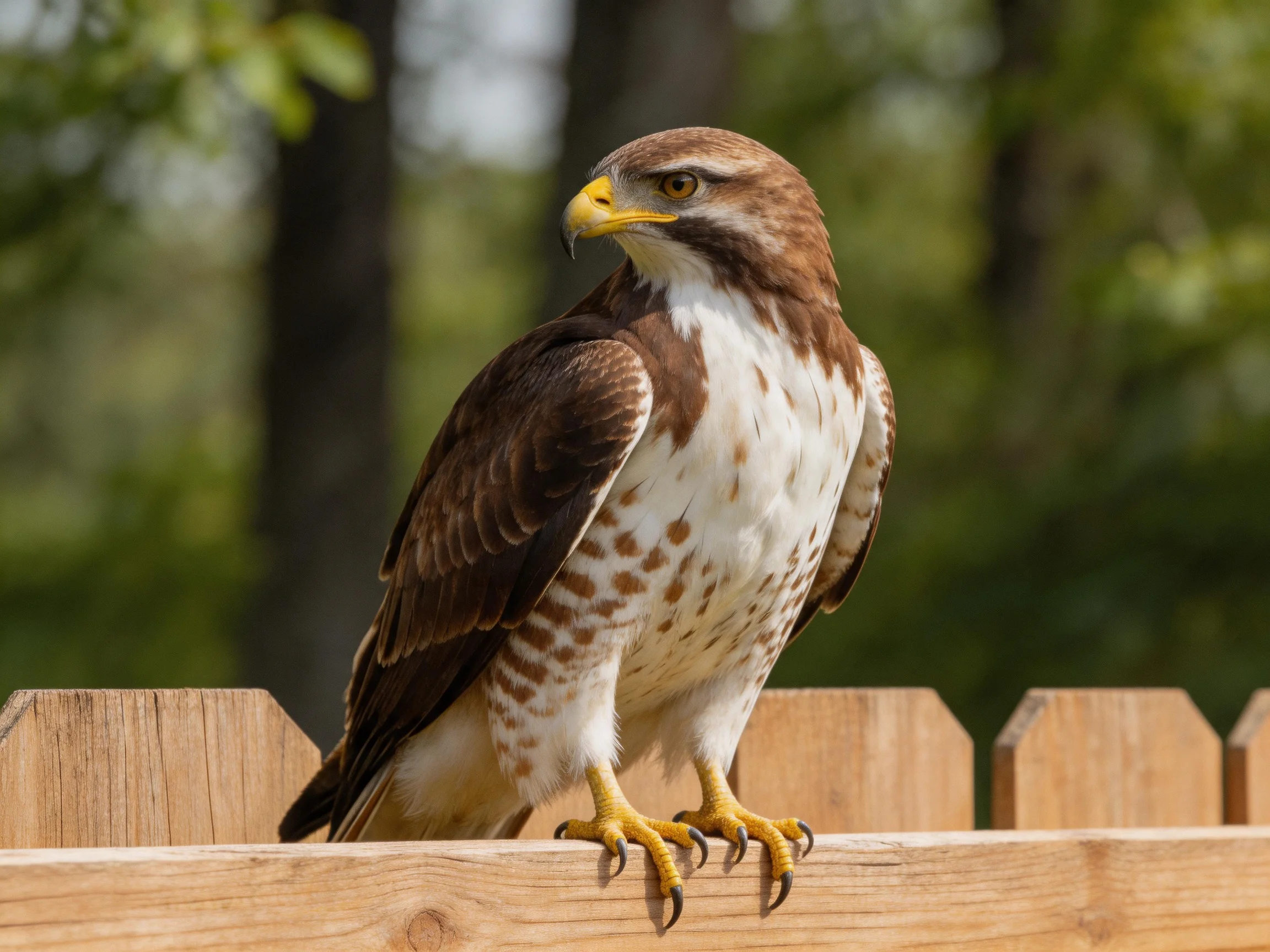 A brown and white hawk perches on a wooden fence