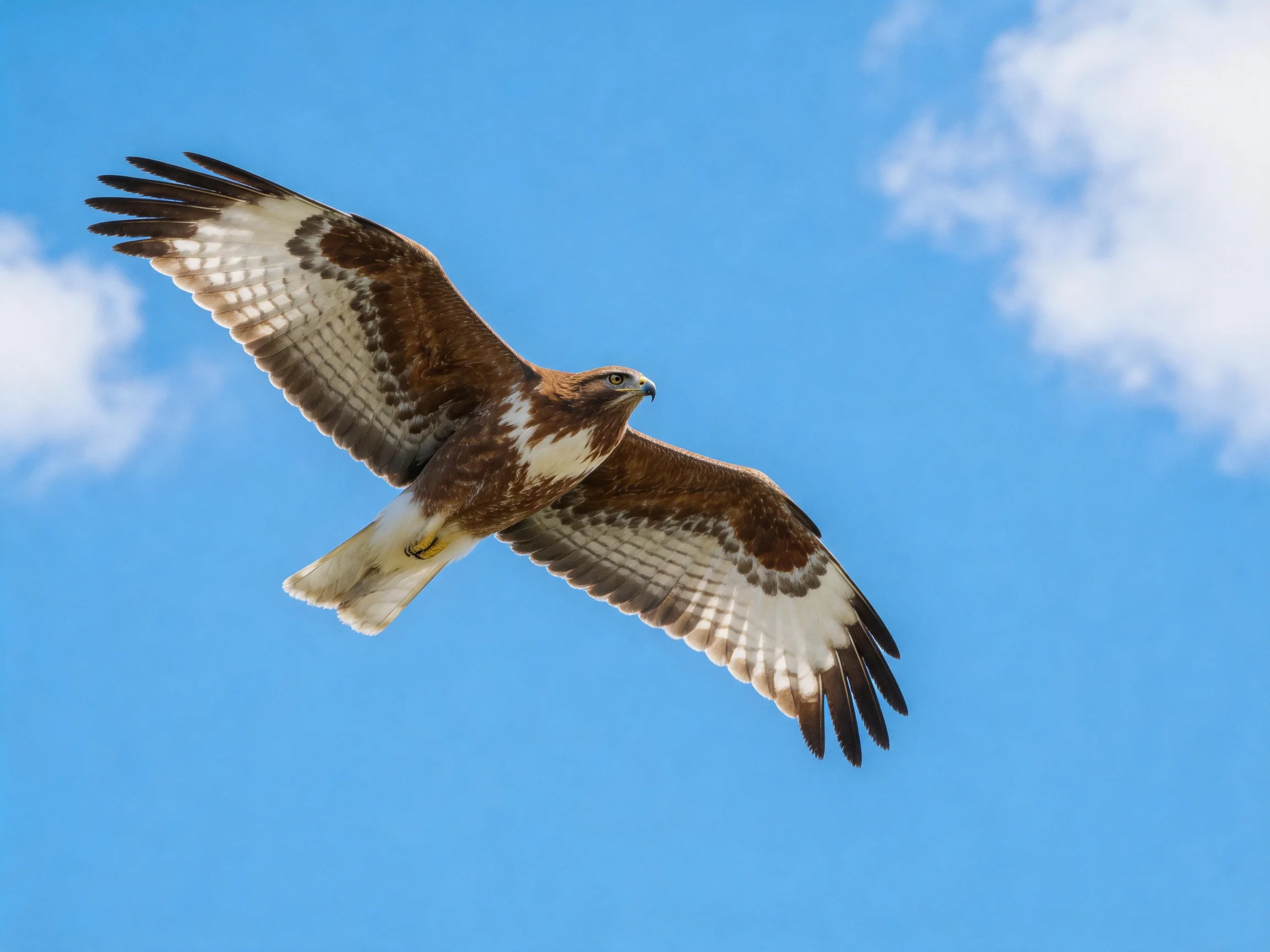 A brown and white hawk soars through clear blue sky