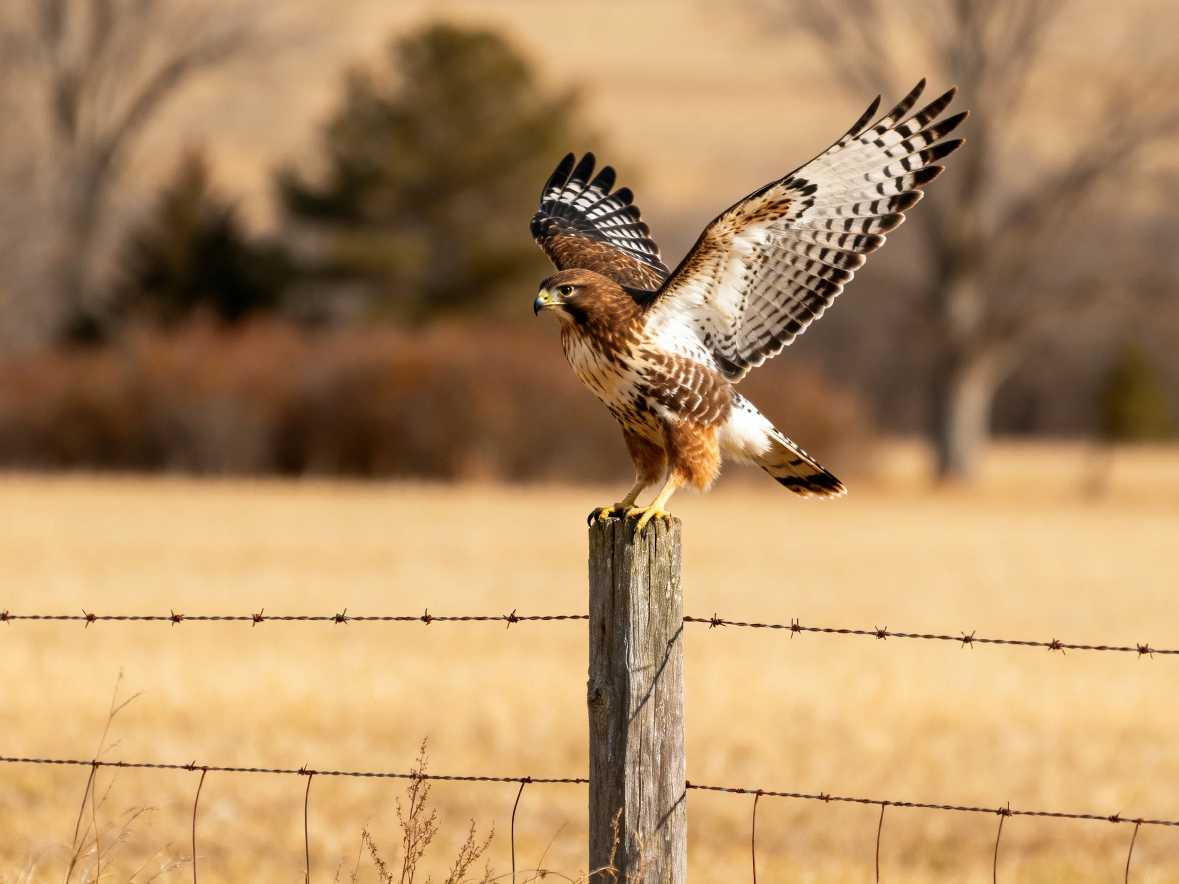 A brown and white hawk spreads wings atop a weathered wooden fence post