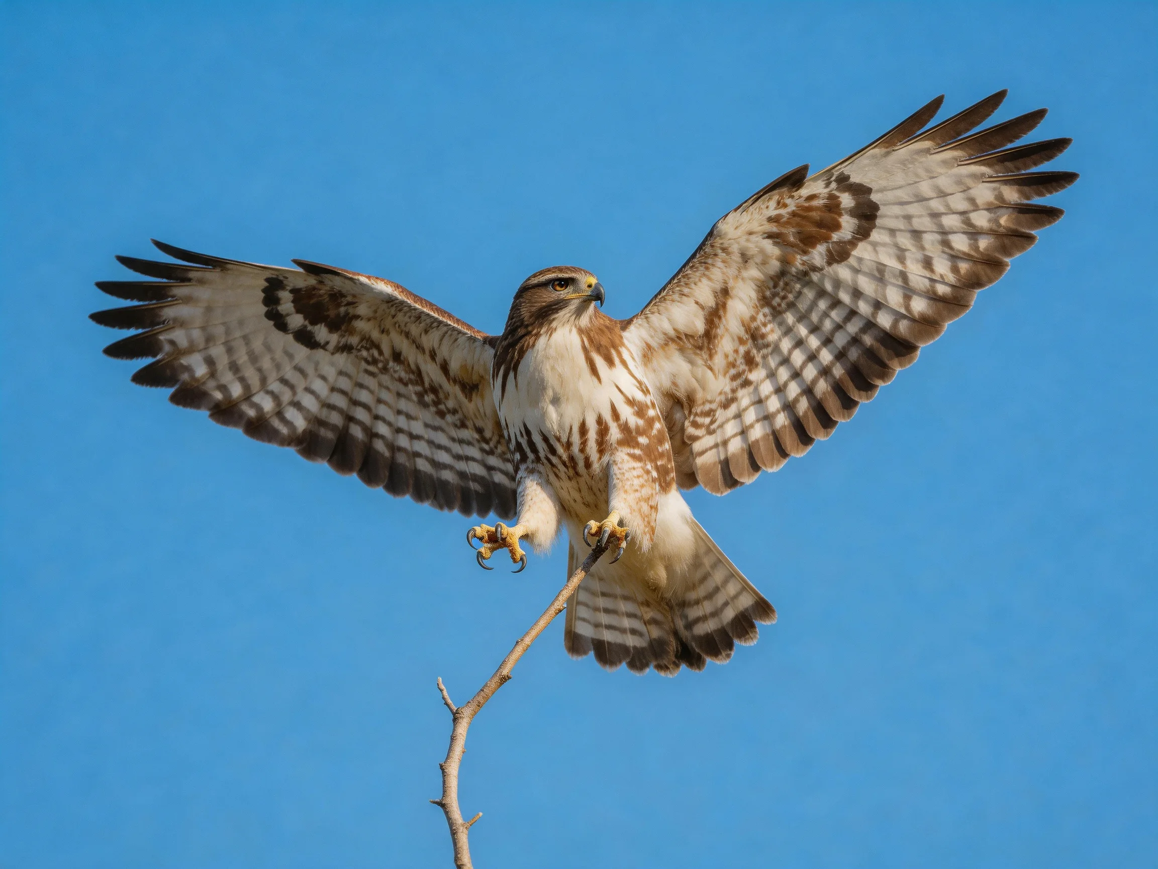 A brown and white hawk spreads wings on a bare tree branch