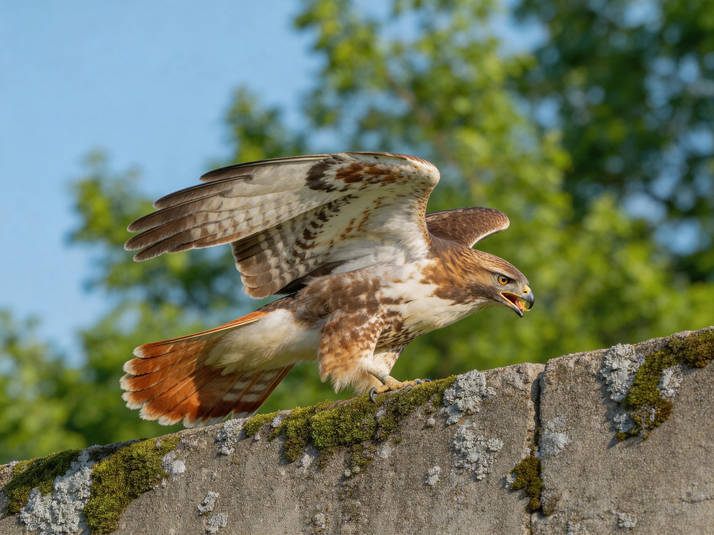 A brown and white hawk spreads wings on a mossy stone ledge