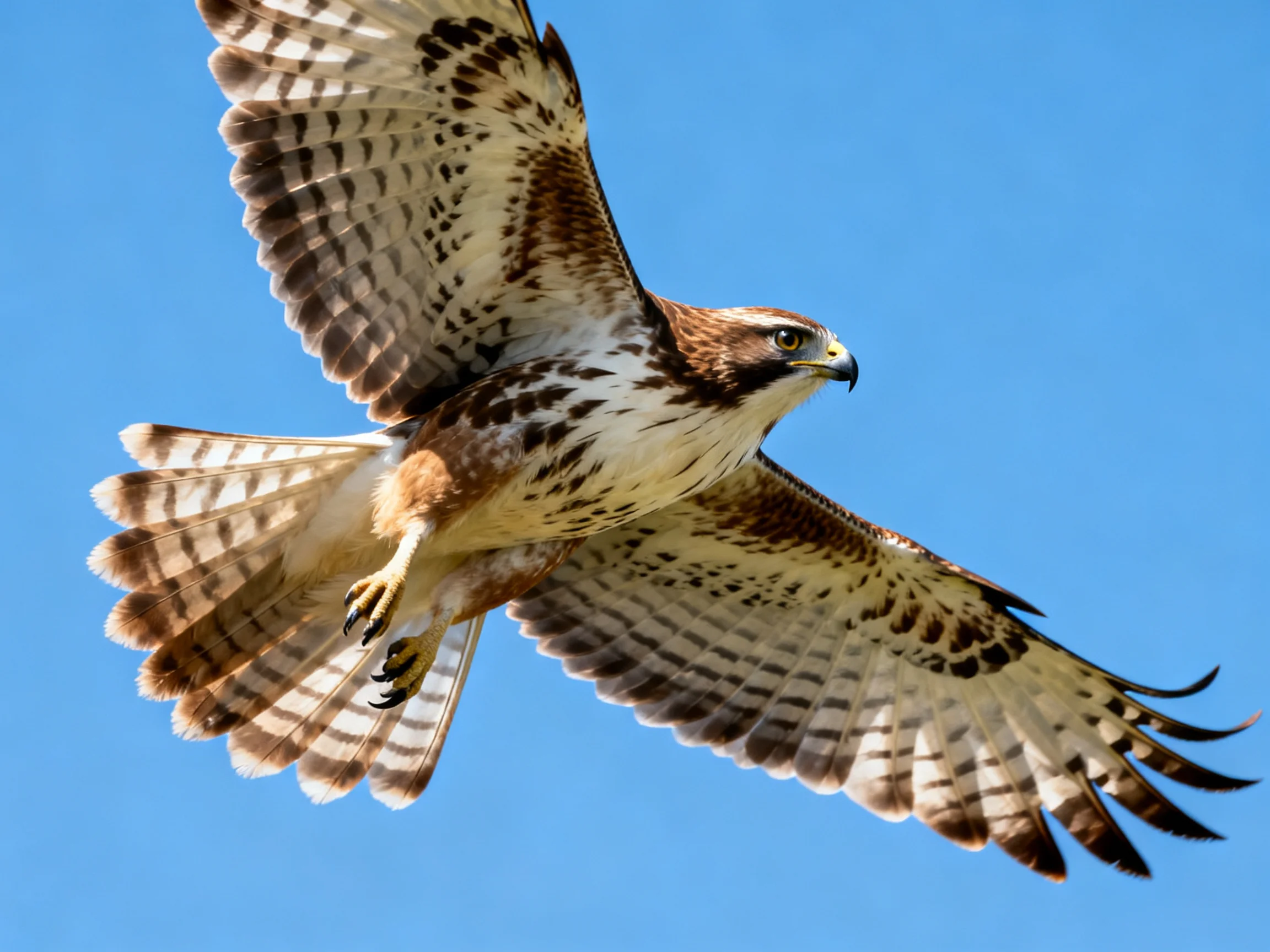 A brown and white hawk spreads wings while flying through clear blue sky