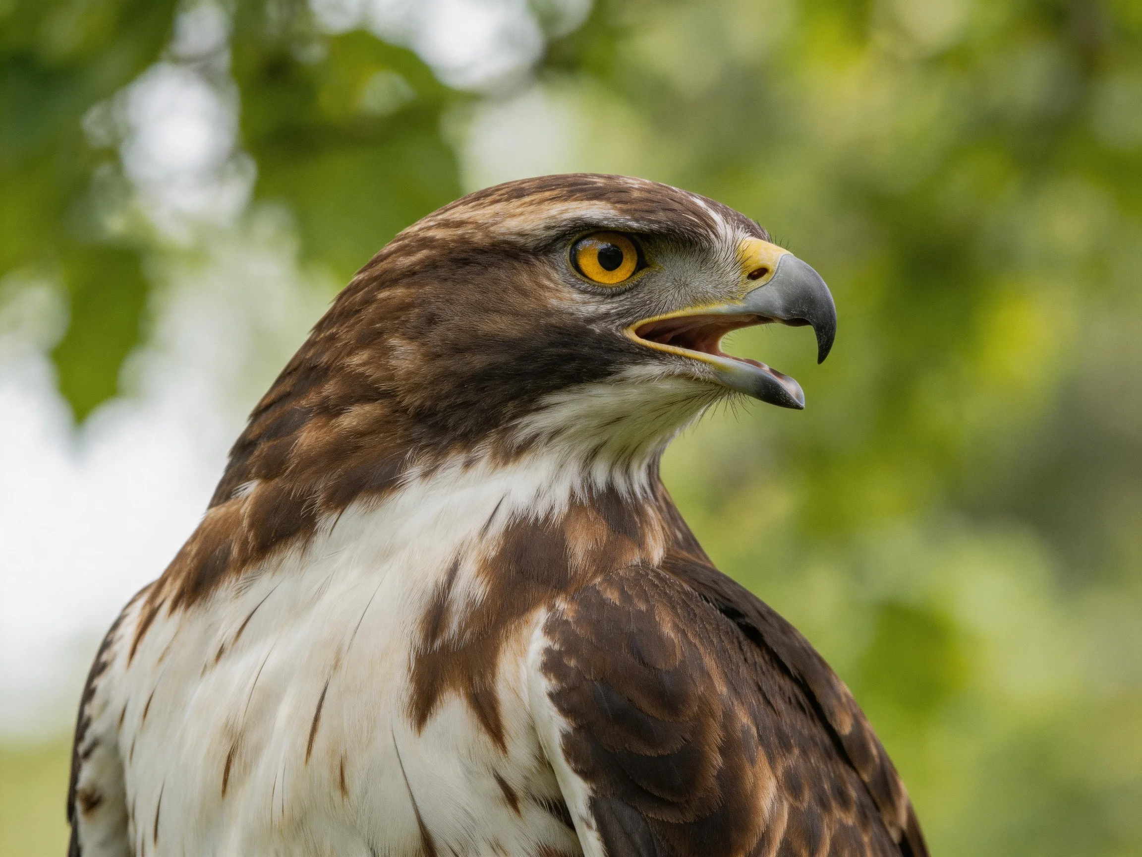 A brown and white hawk with a yellow eye and sharp beak