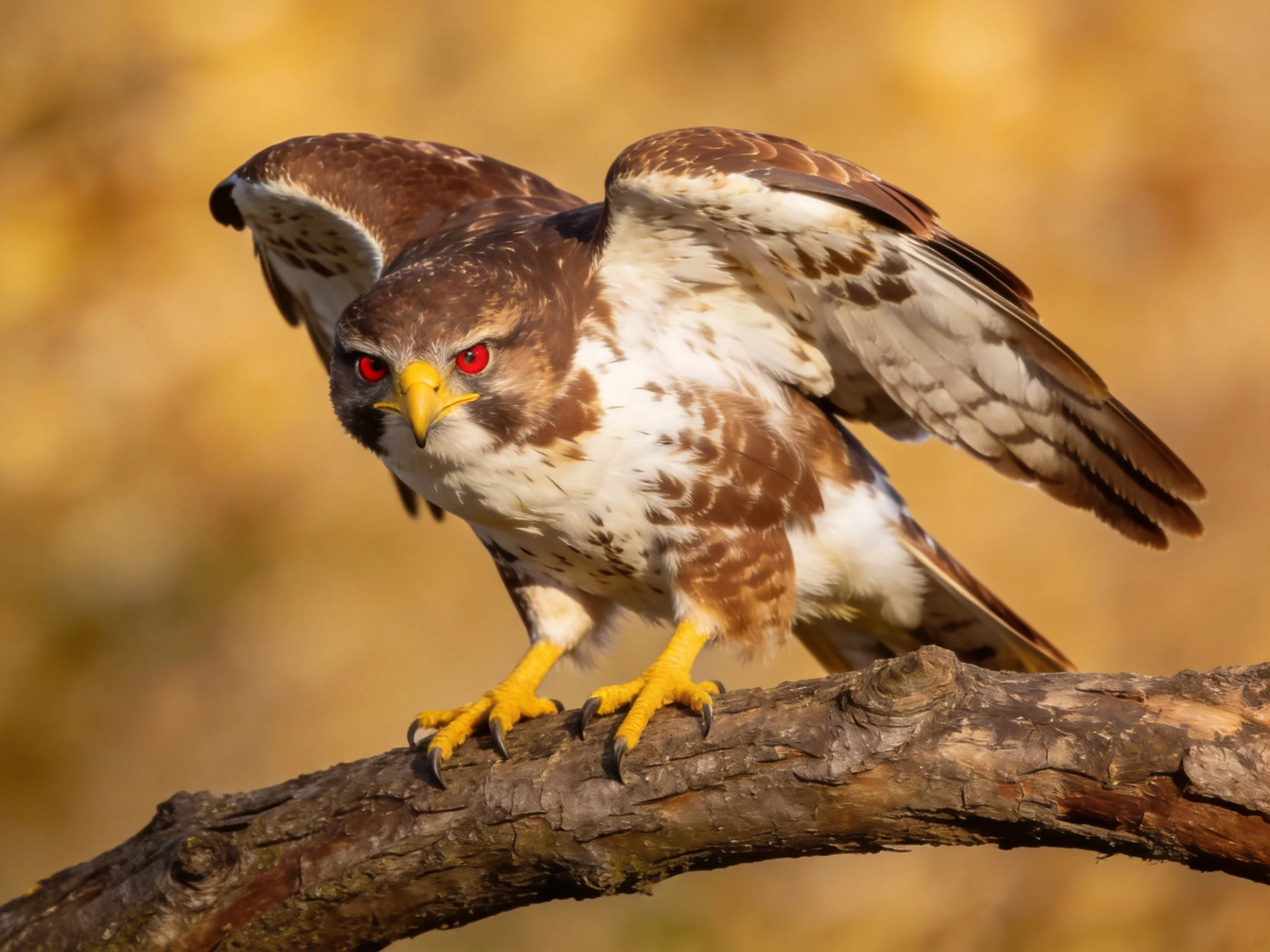 A brown and white hawk with red eyes perched on a tree branch