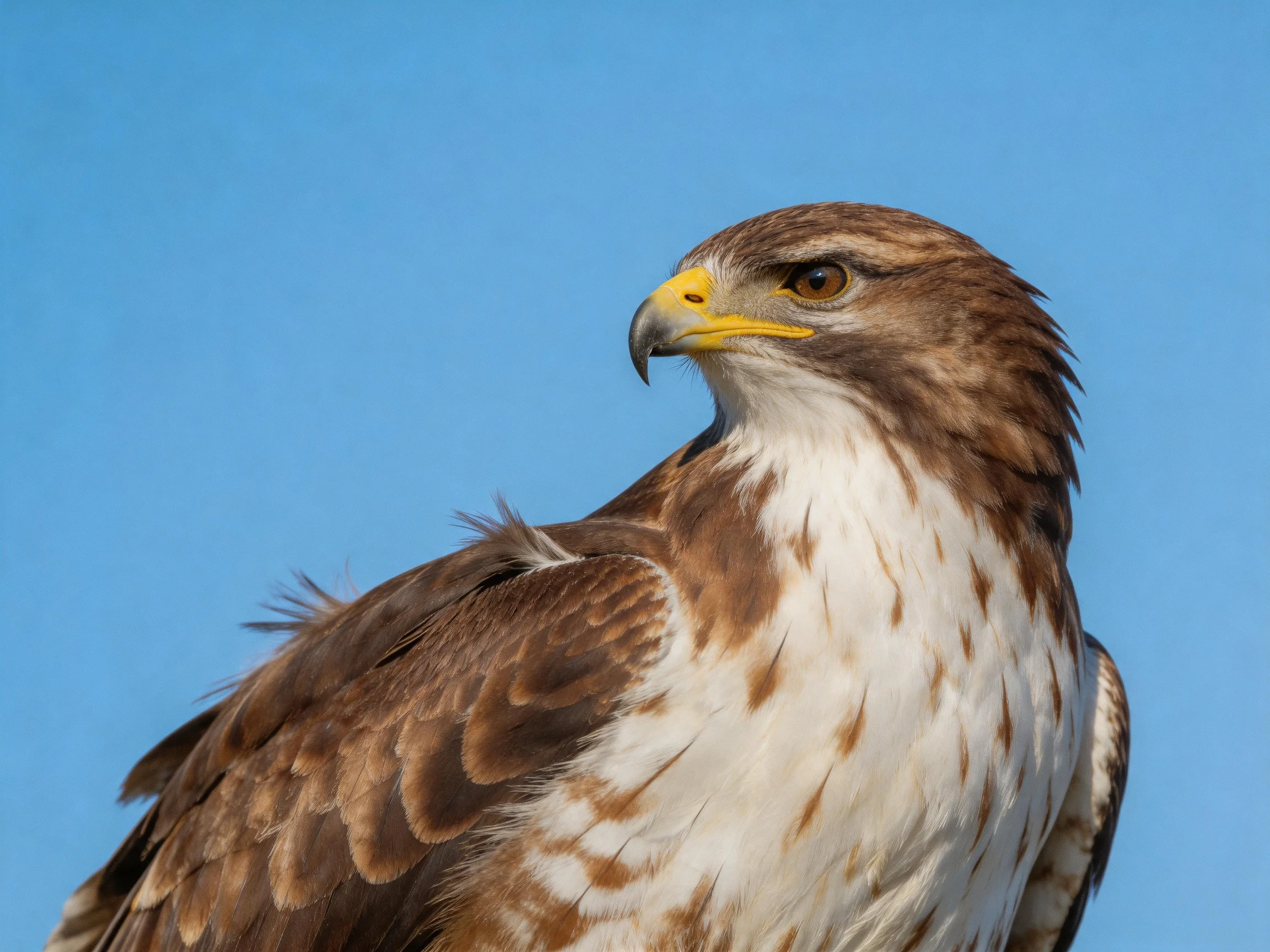 A brown and white hawk with yellow beak against clear blue sky
