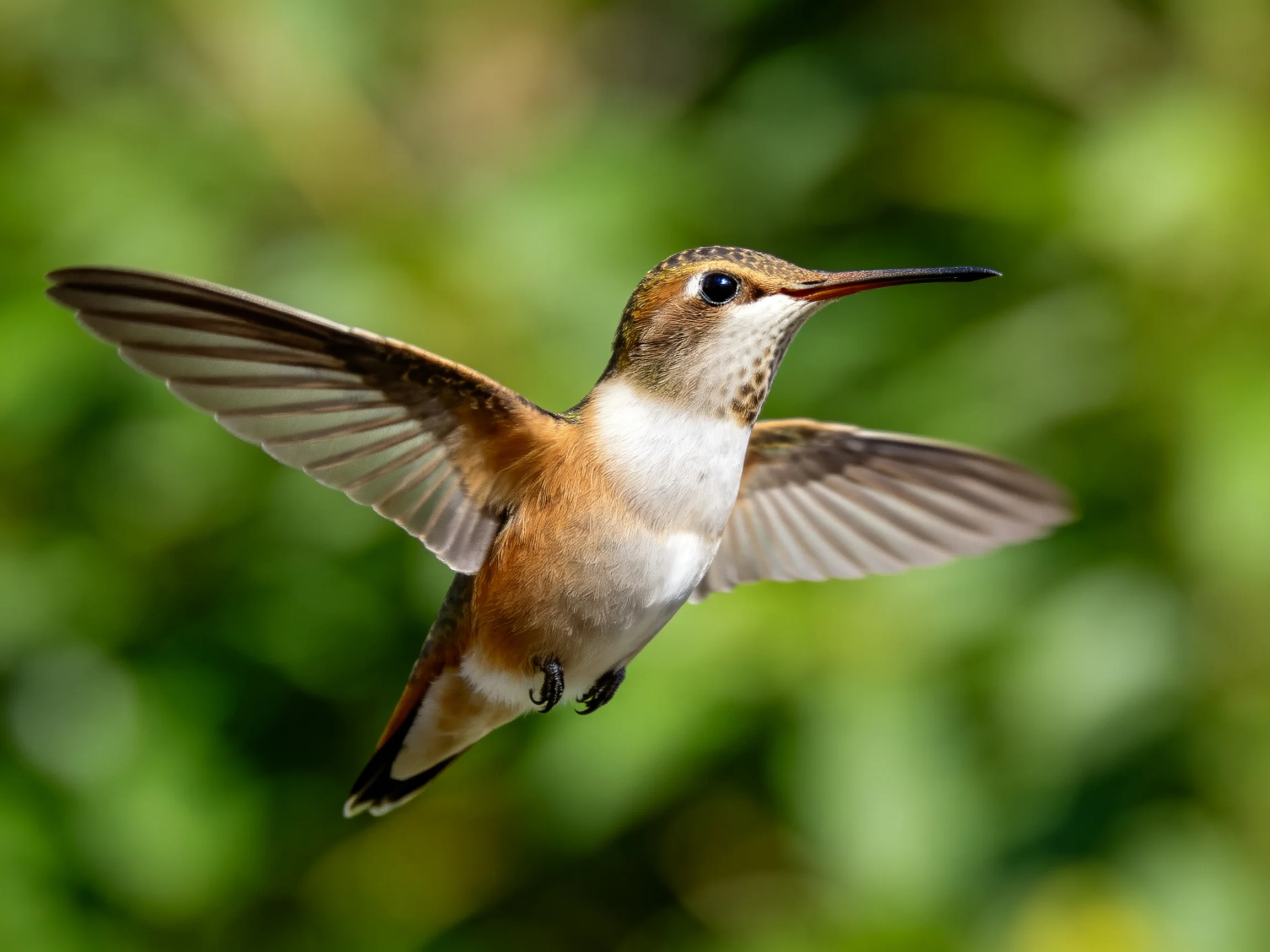 A brown-and-white hummingbird hovers mid-air against blurred green foliage