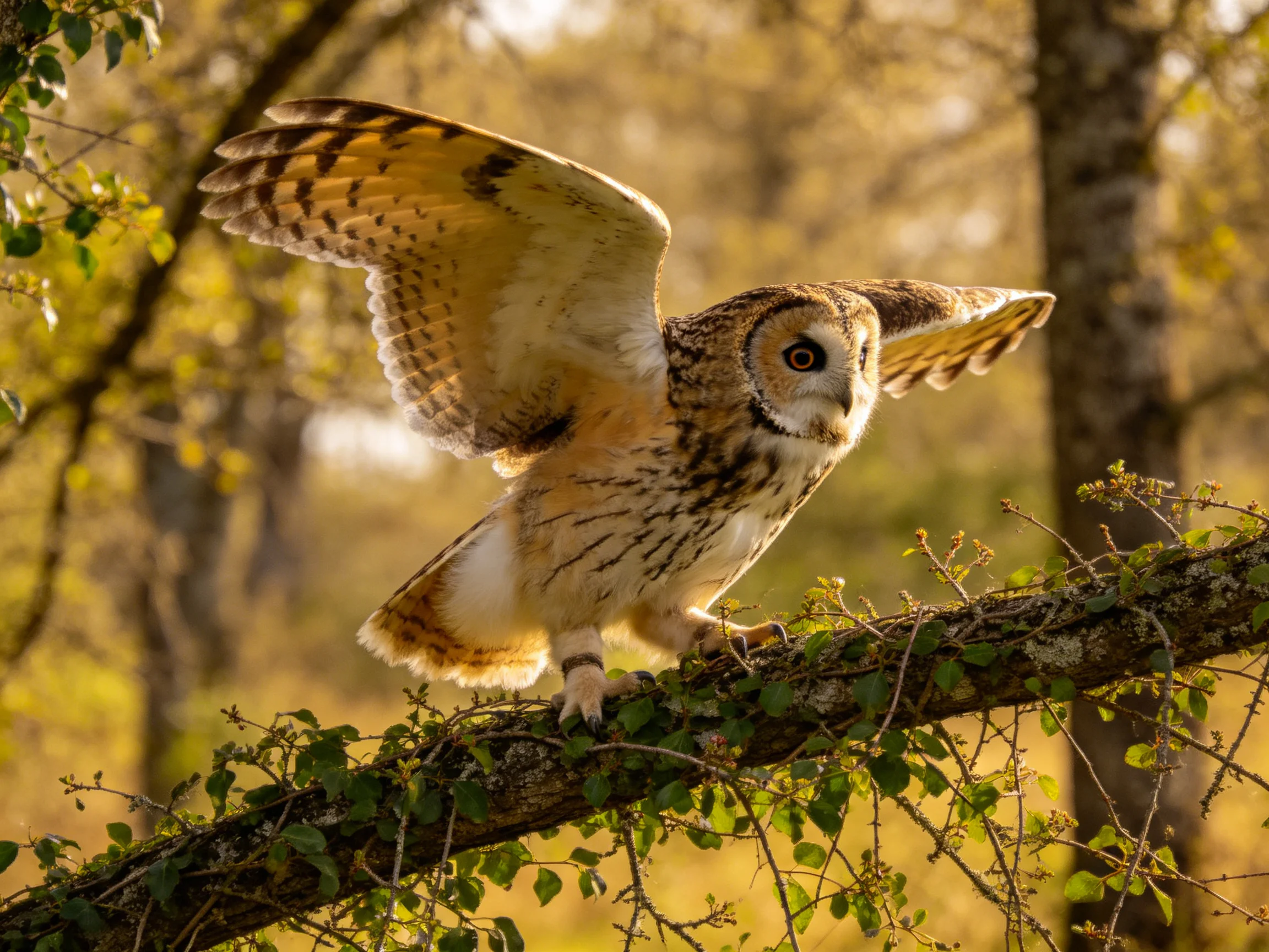 A brown-and-white owl spreads wings on a leafy branch