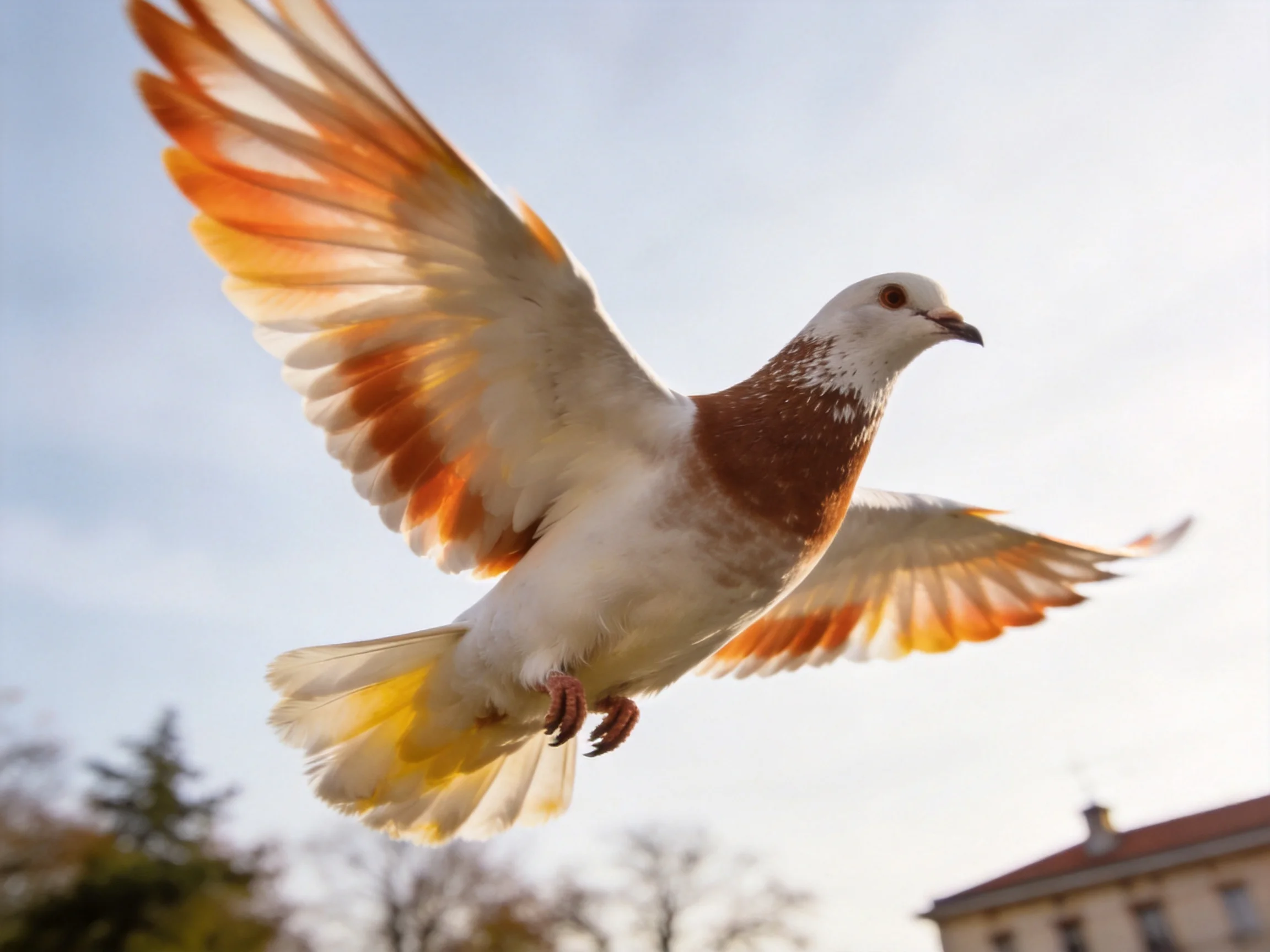 A brown and white pigeon soars with orange-tinted wings