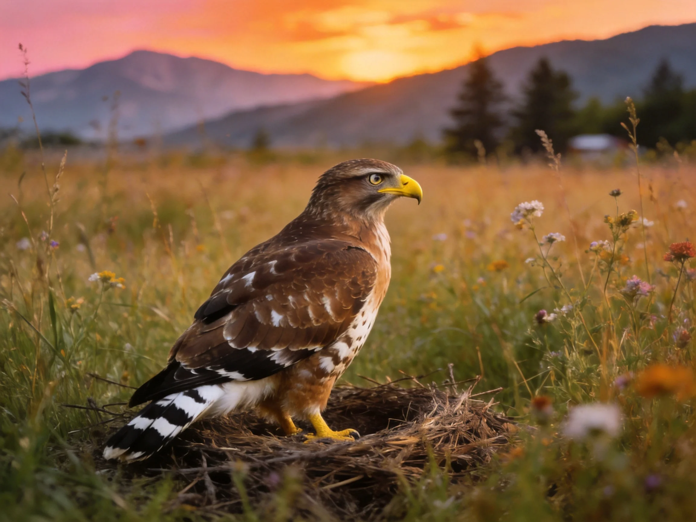 A brown and white raptor perched in a nest among wildflowers at sunset