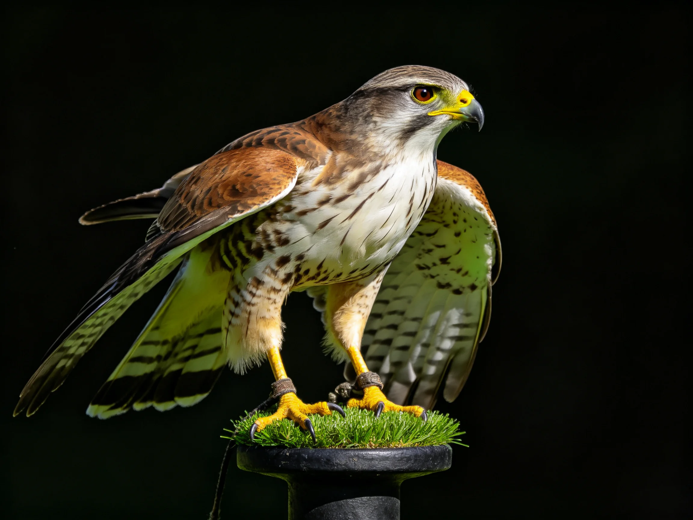 A brown and white raptor perched on a grassy pedestal