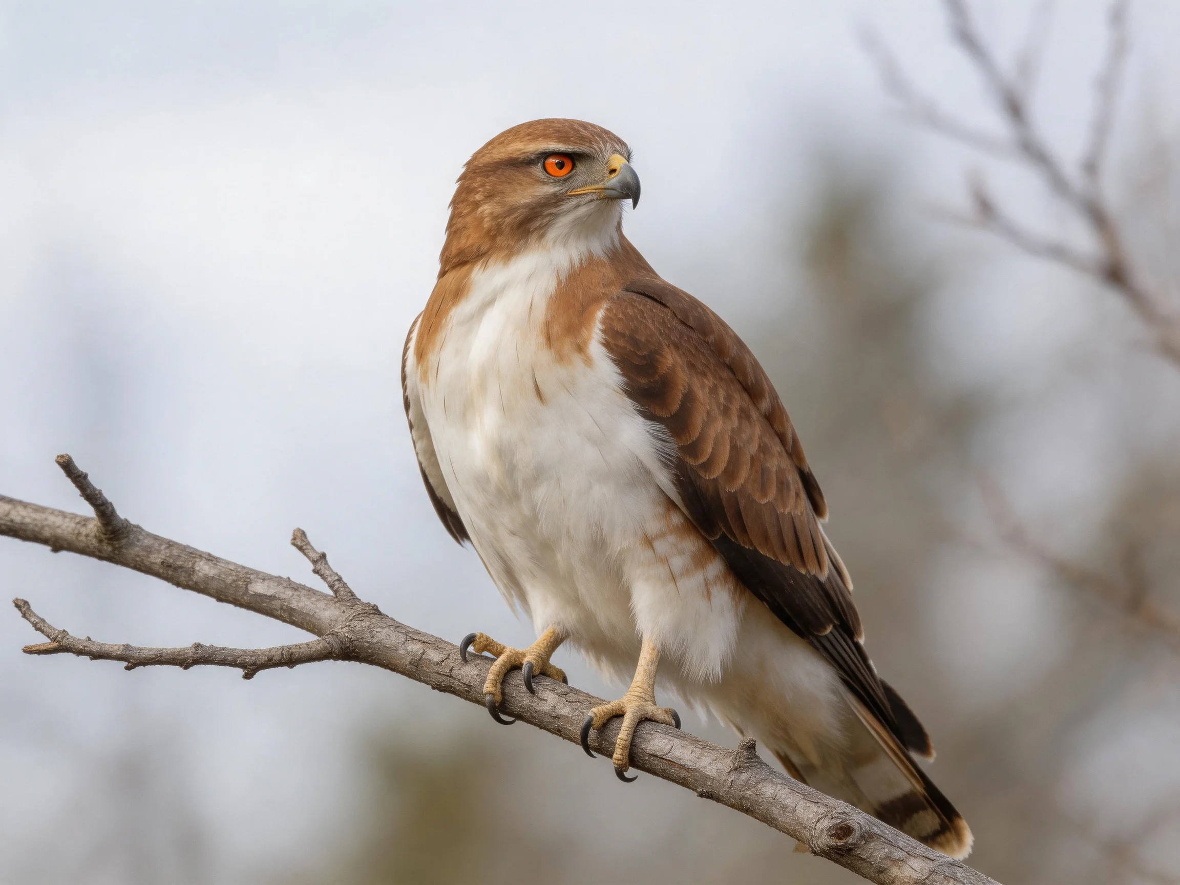 A brown and white raptor perches on a bare tree limb