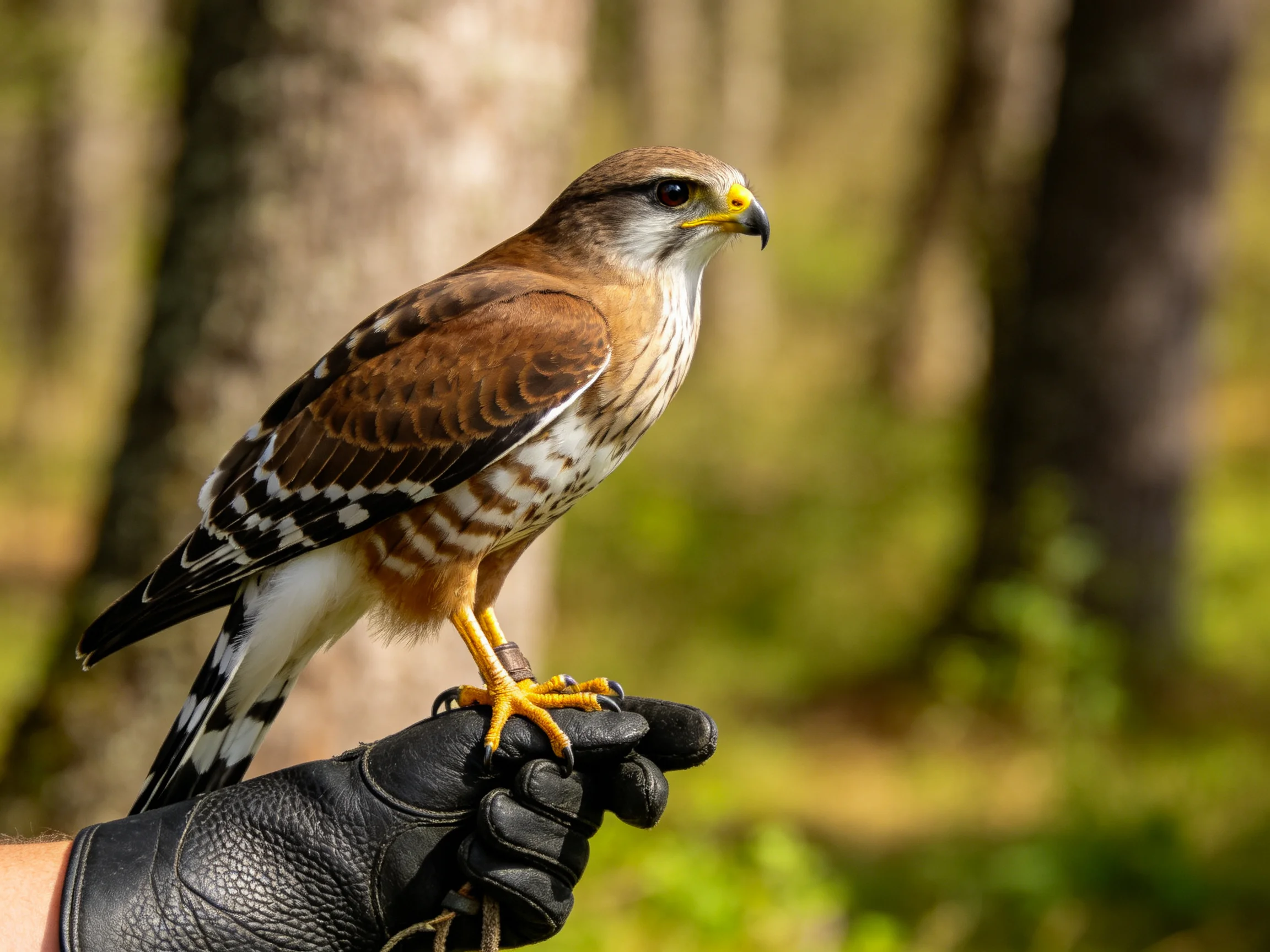 A brown and white raptor perches on a black leather glove near forest trees