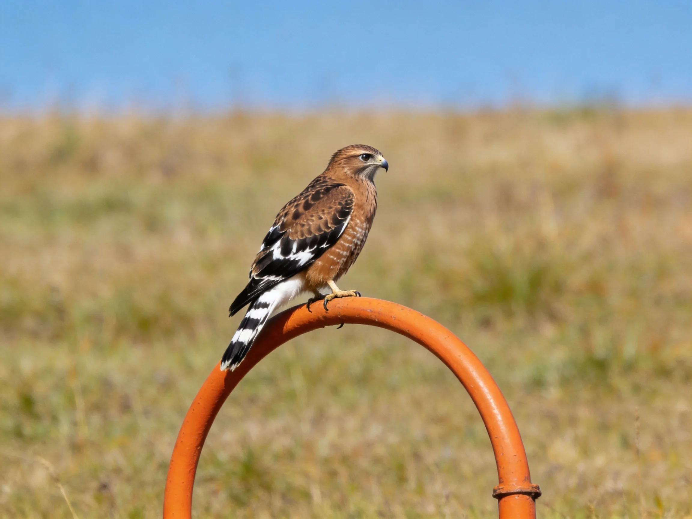 A brown and white raptor perches on an orange metal arch