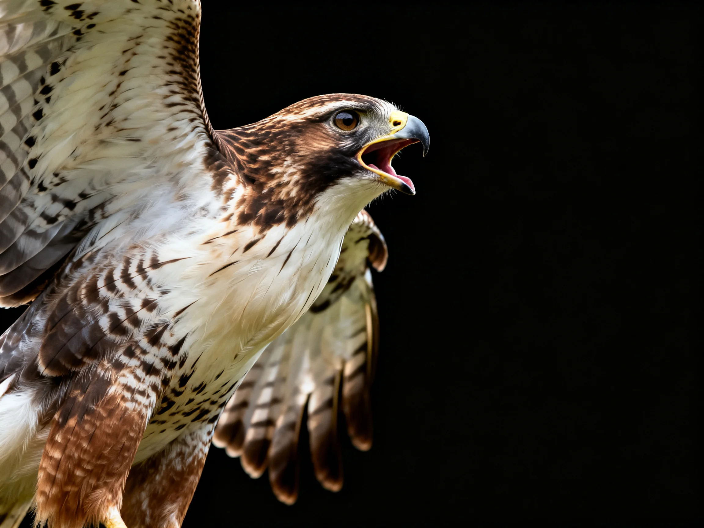 A brown and white raptor flies with wings spread against a dark backdrop.