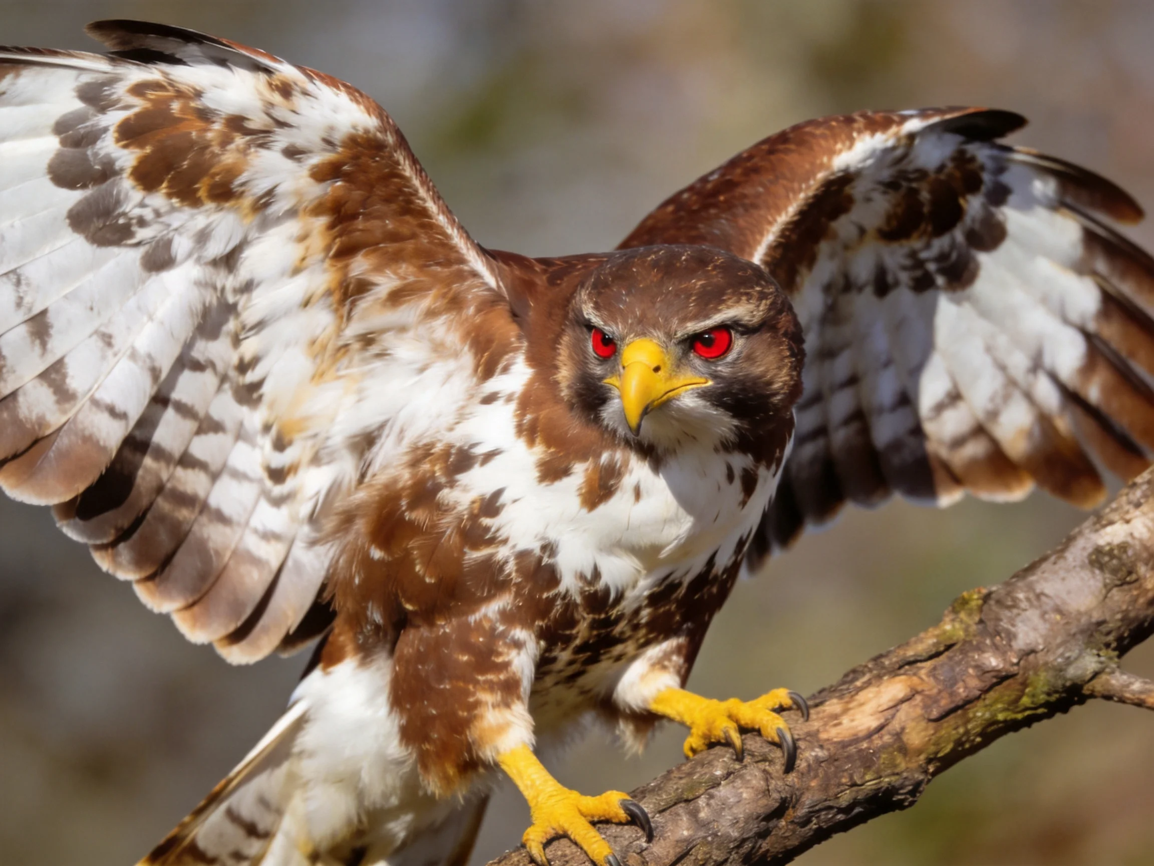 A brown and white raptor with outstretched wings perched on a branch