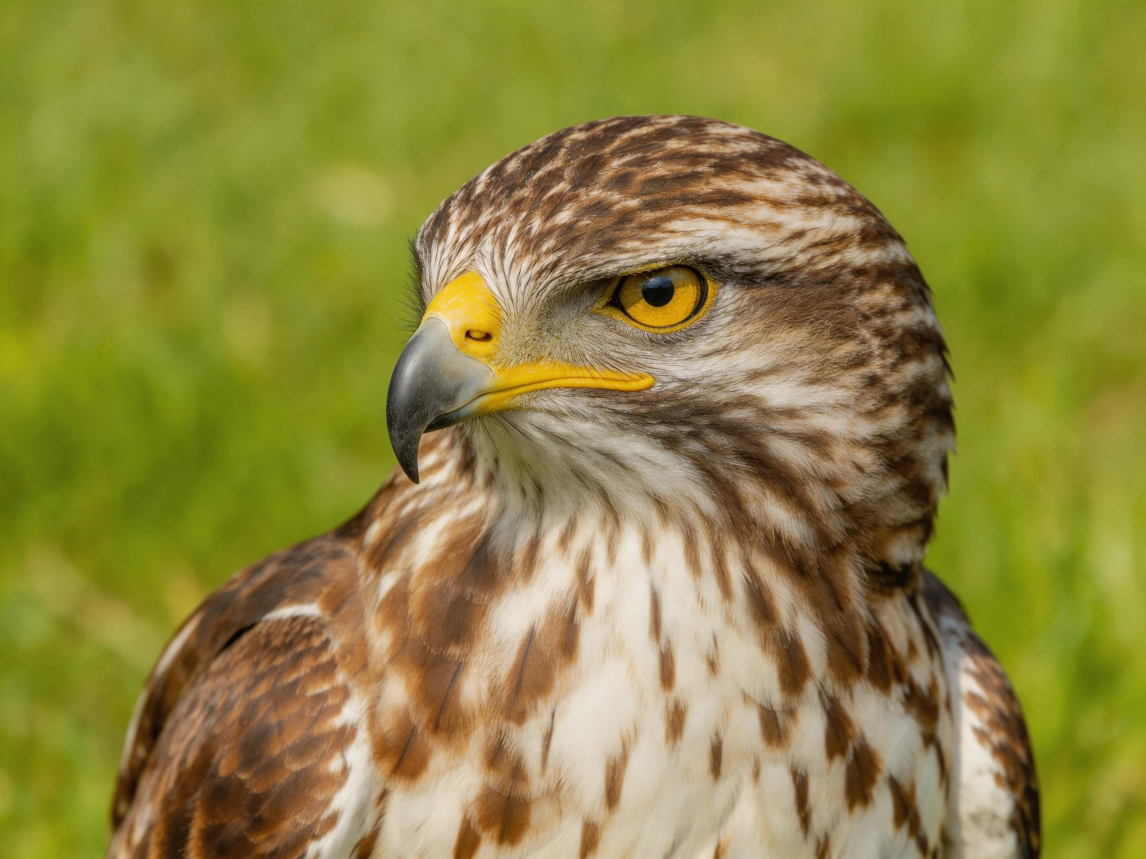 A brown and white raptor with yellow beak and eye