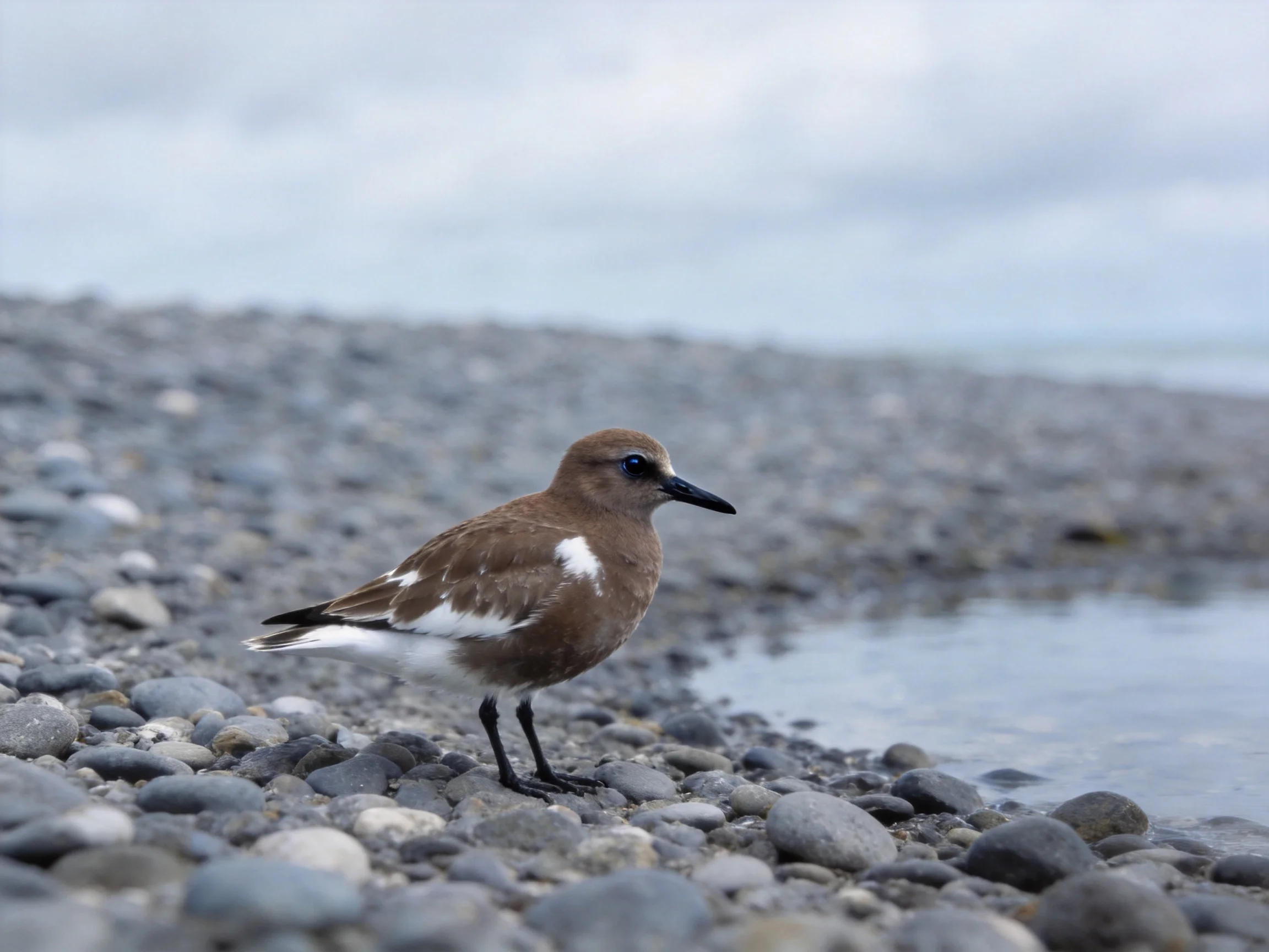 A brown and white seabird on a pebbly shoreline