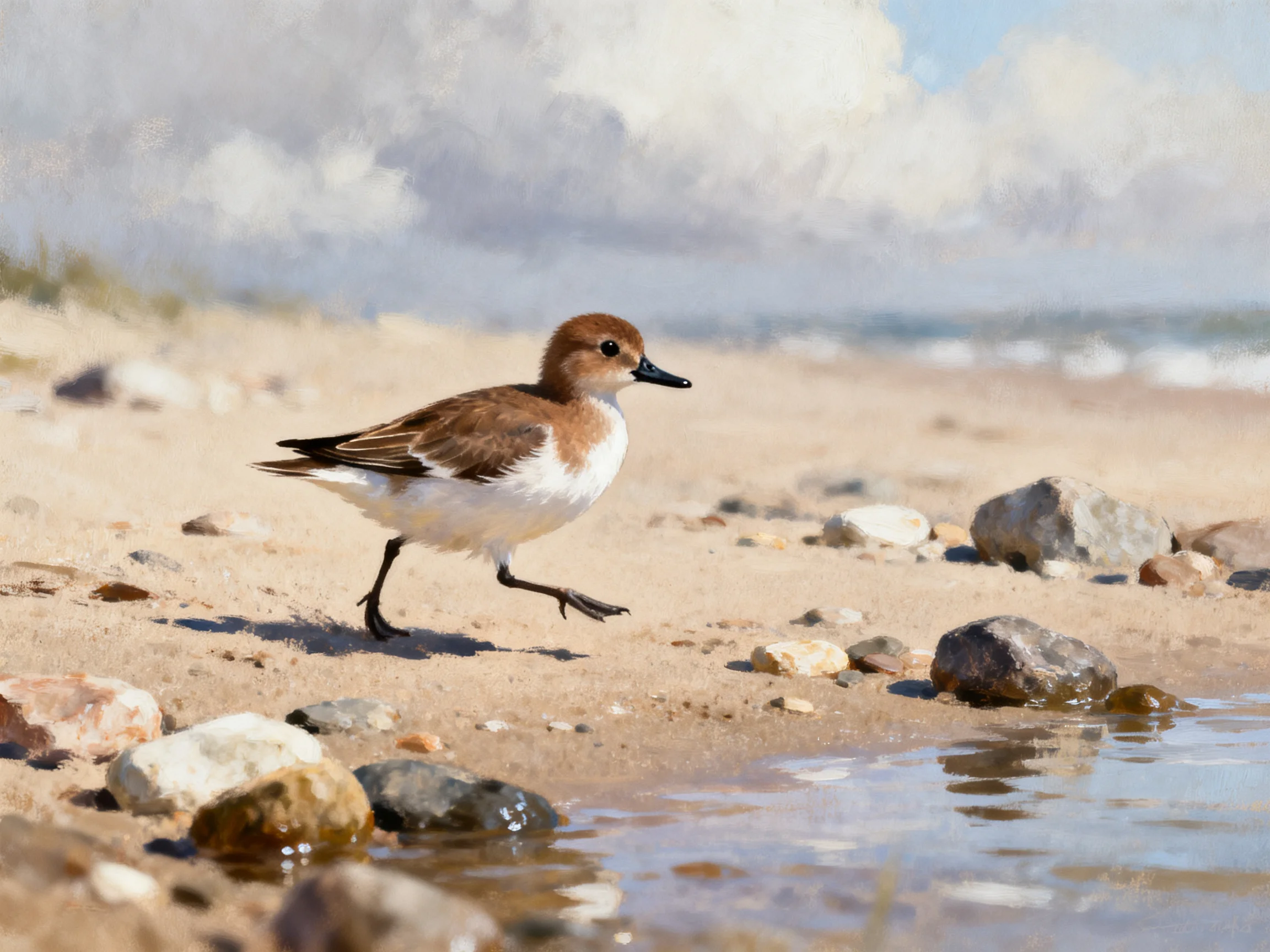 A brown and white shorebird walks near scattered rocks by calm water