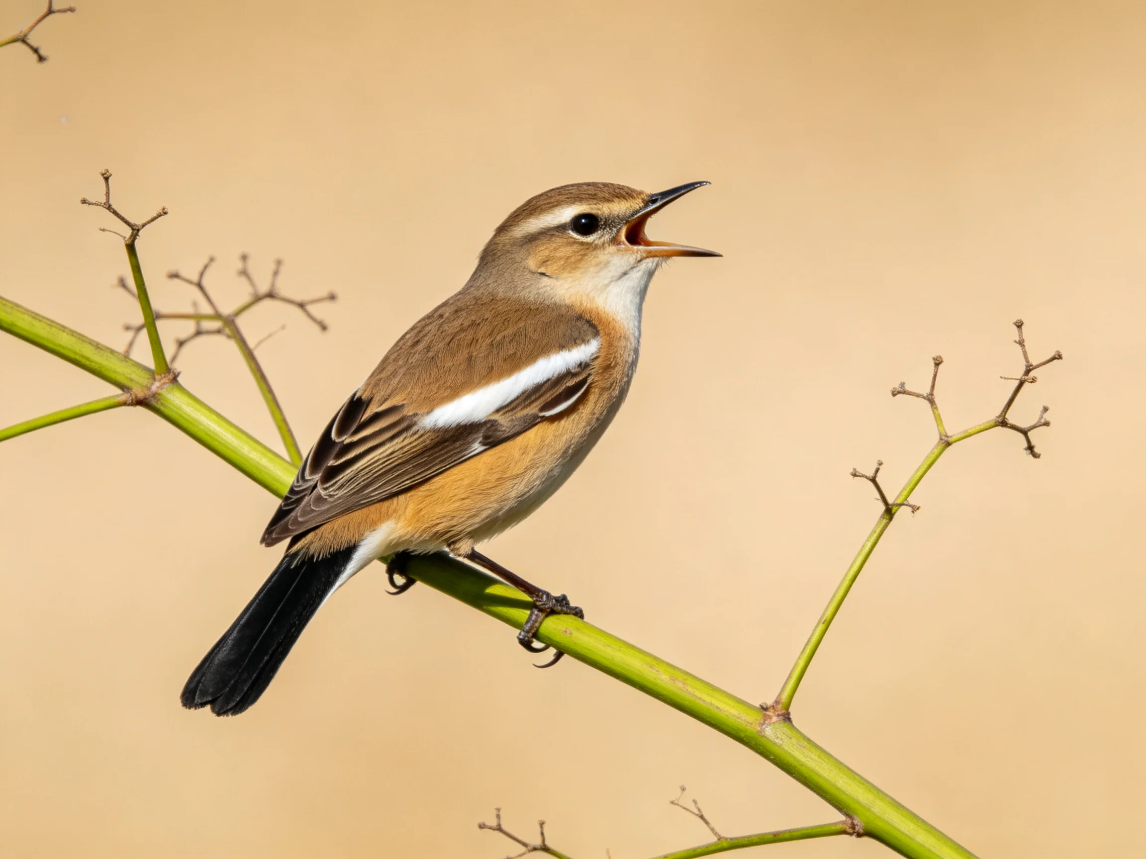 A brown and white songbird perches on a green branch
