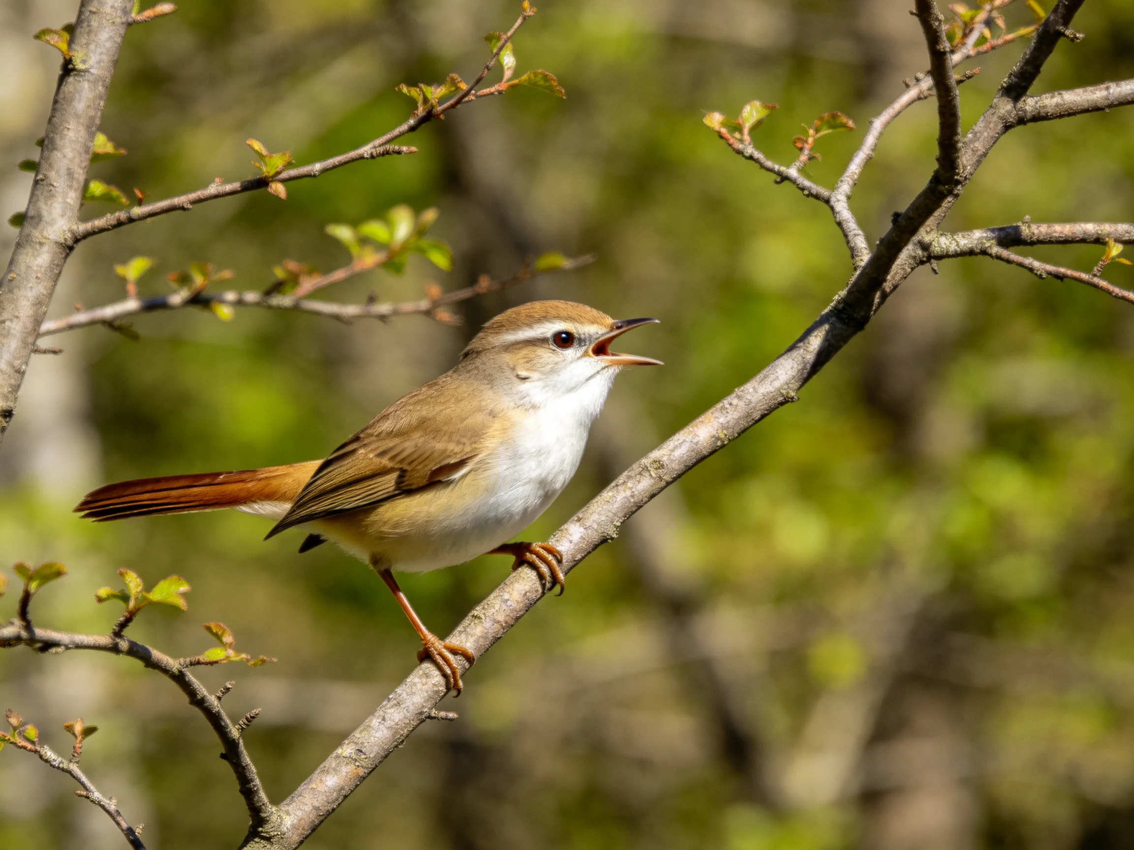 A brown and white songbird perches on a slender branch