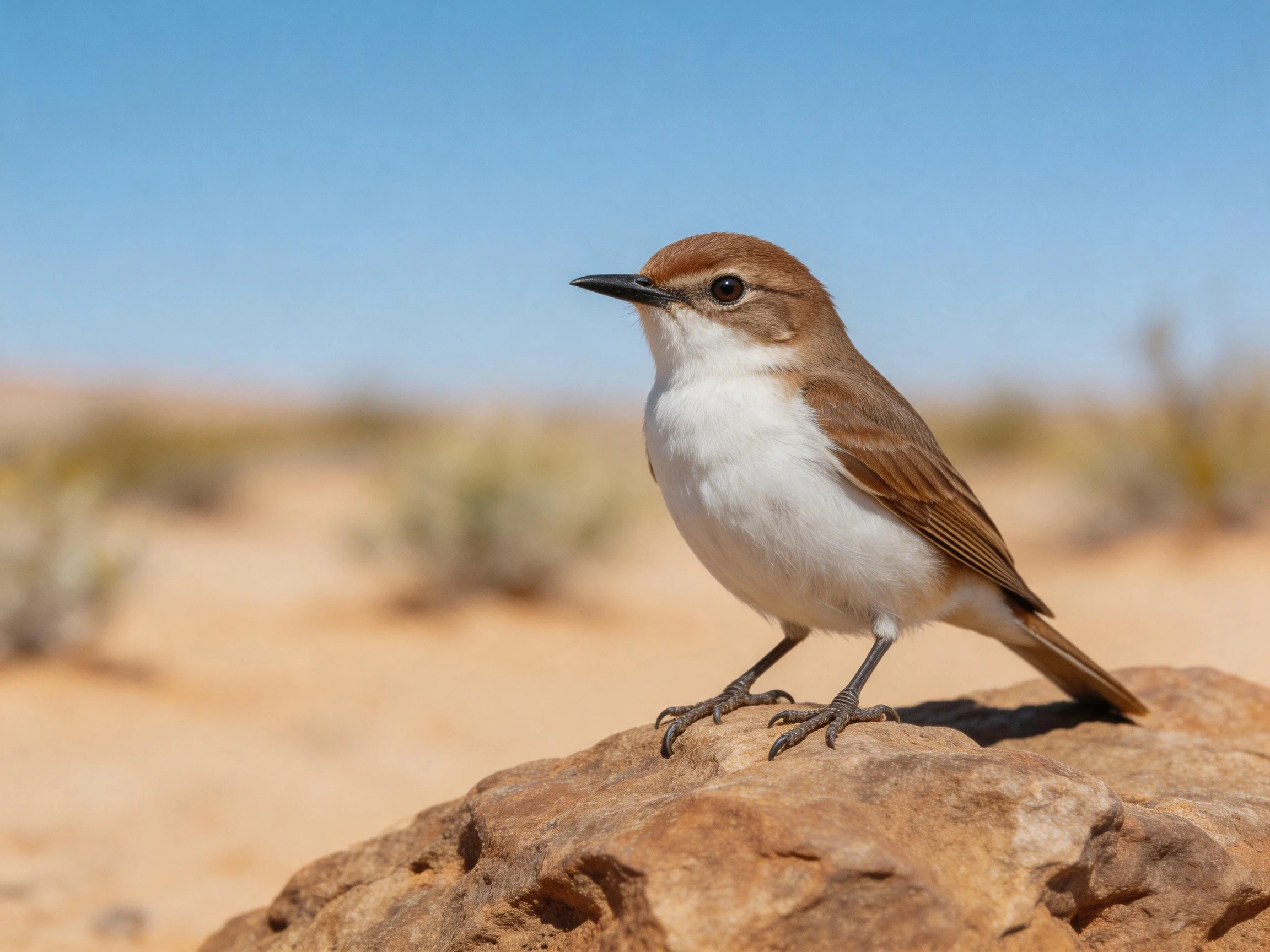 A brown and white songbird perches on a weathered rock in a dry landscape