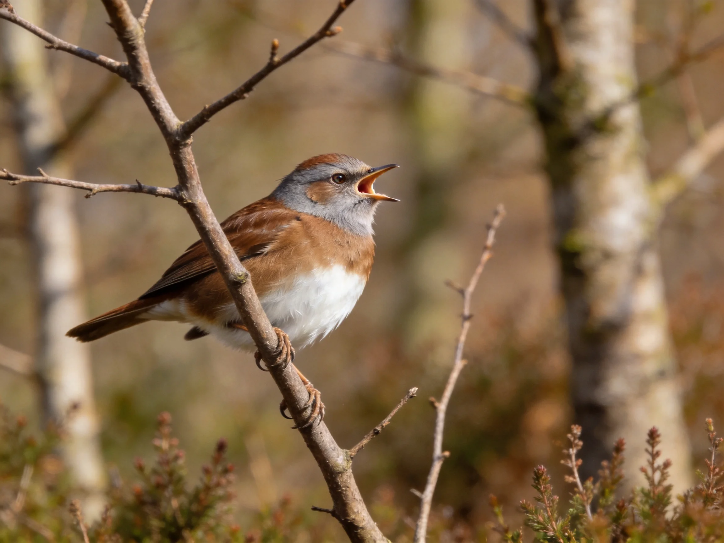 A brown and white songbird singing on a bare tree branch