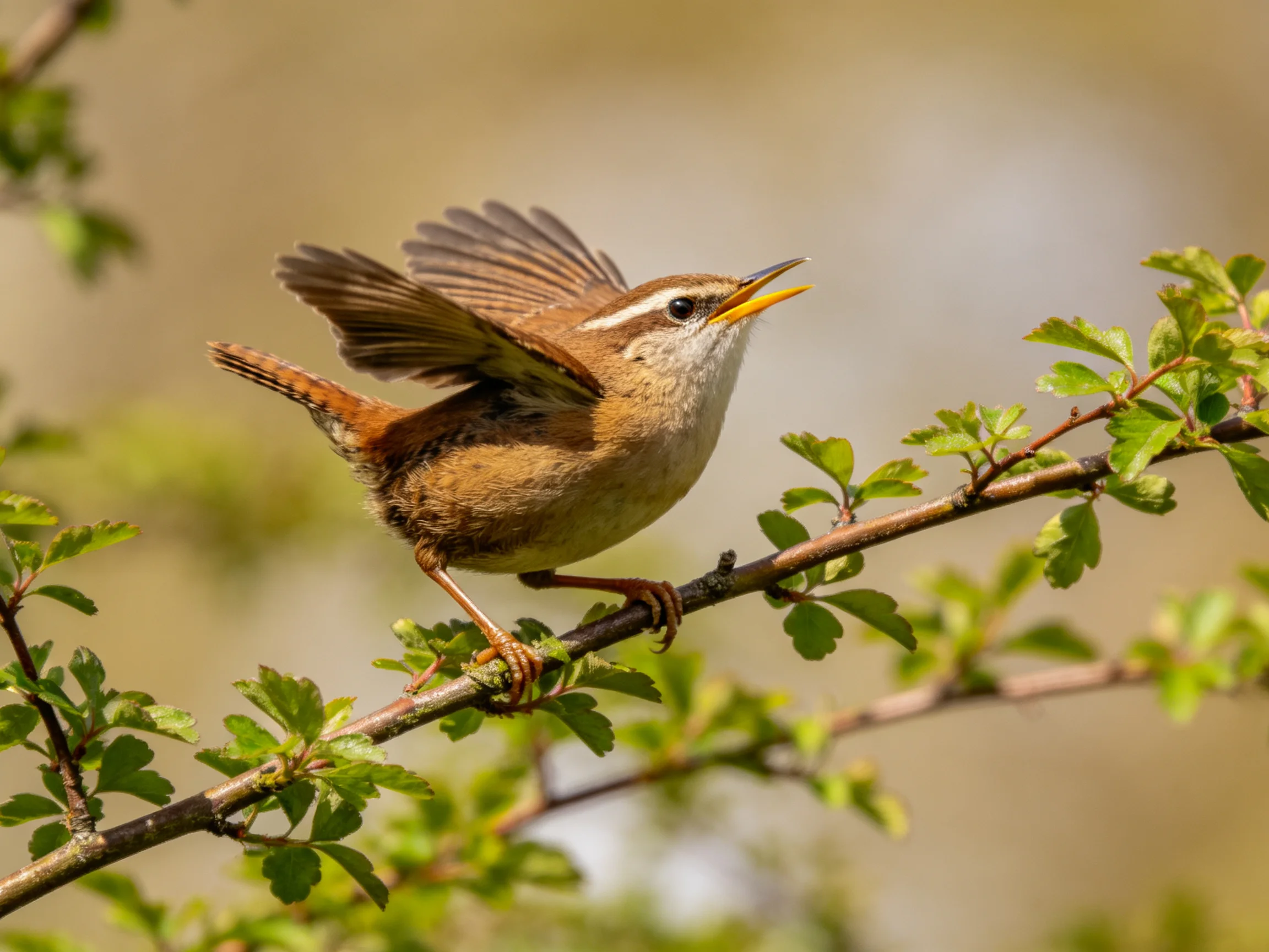 A brown and white songbird spreading wings on a leafy branch