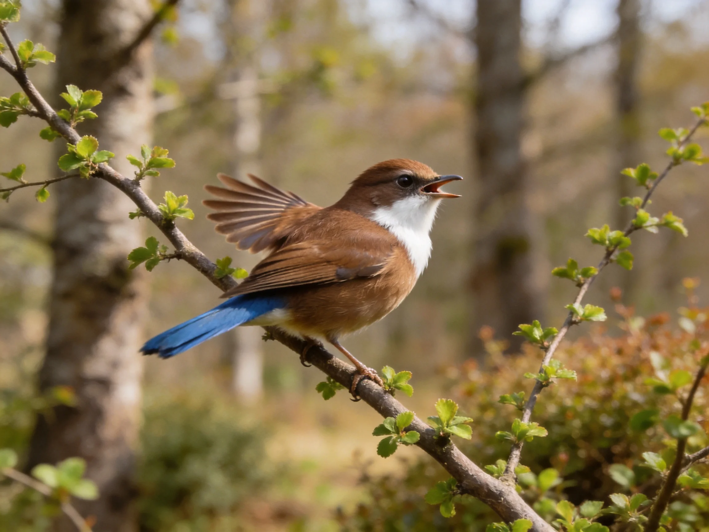 A brown and white songbird with blue tail perched on a tree branch