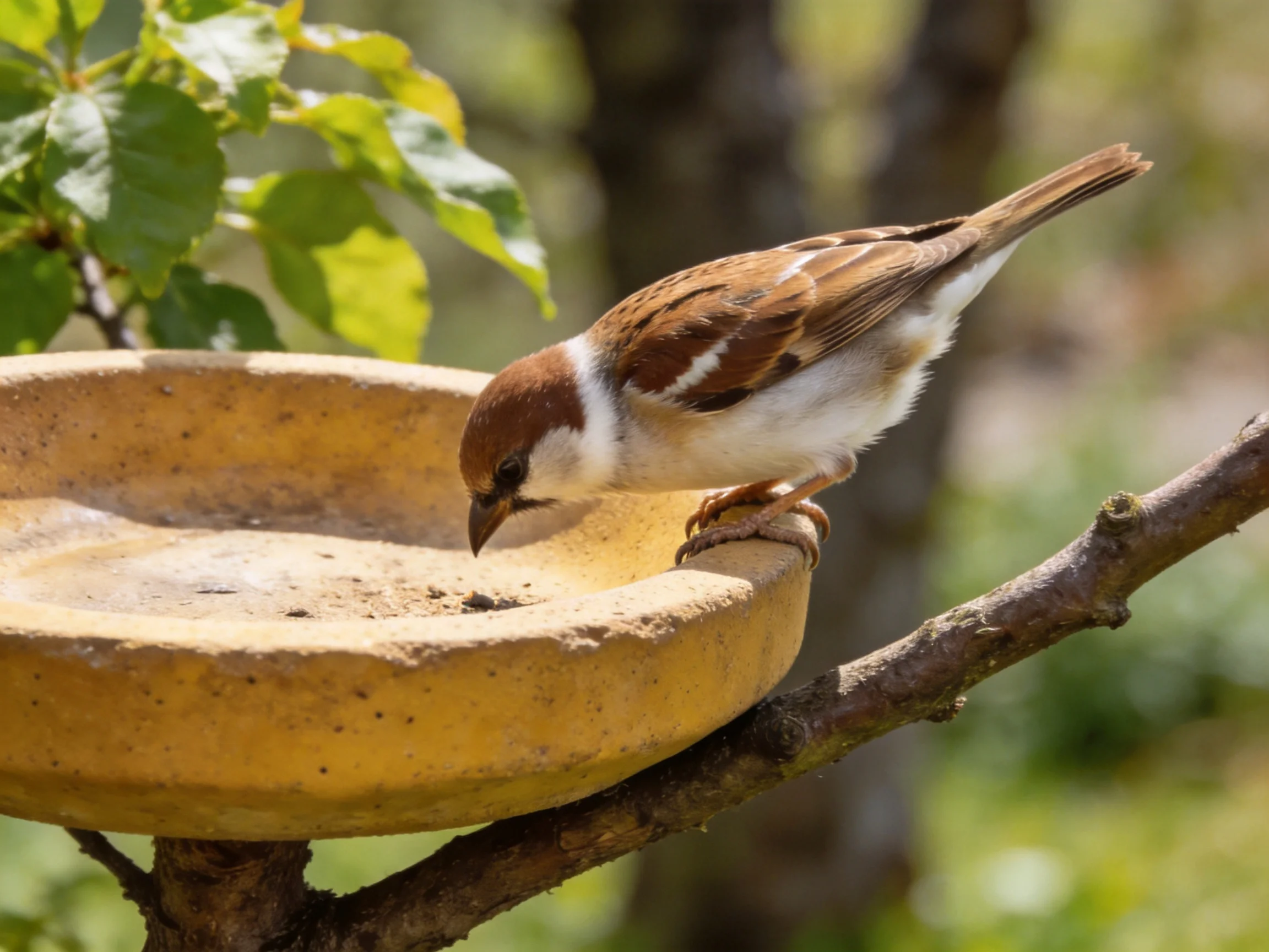 A brown and white sparrow feeds from a yellow bird bath on a tree branch