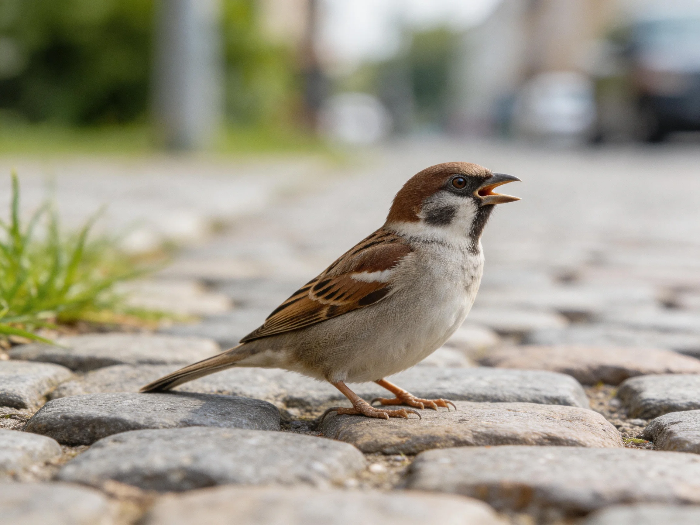 A brown-and-white sparrow on a cobblestone path near grass