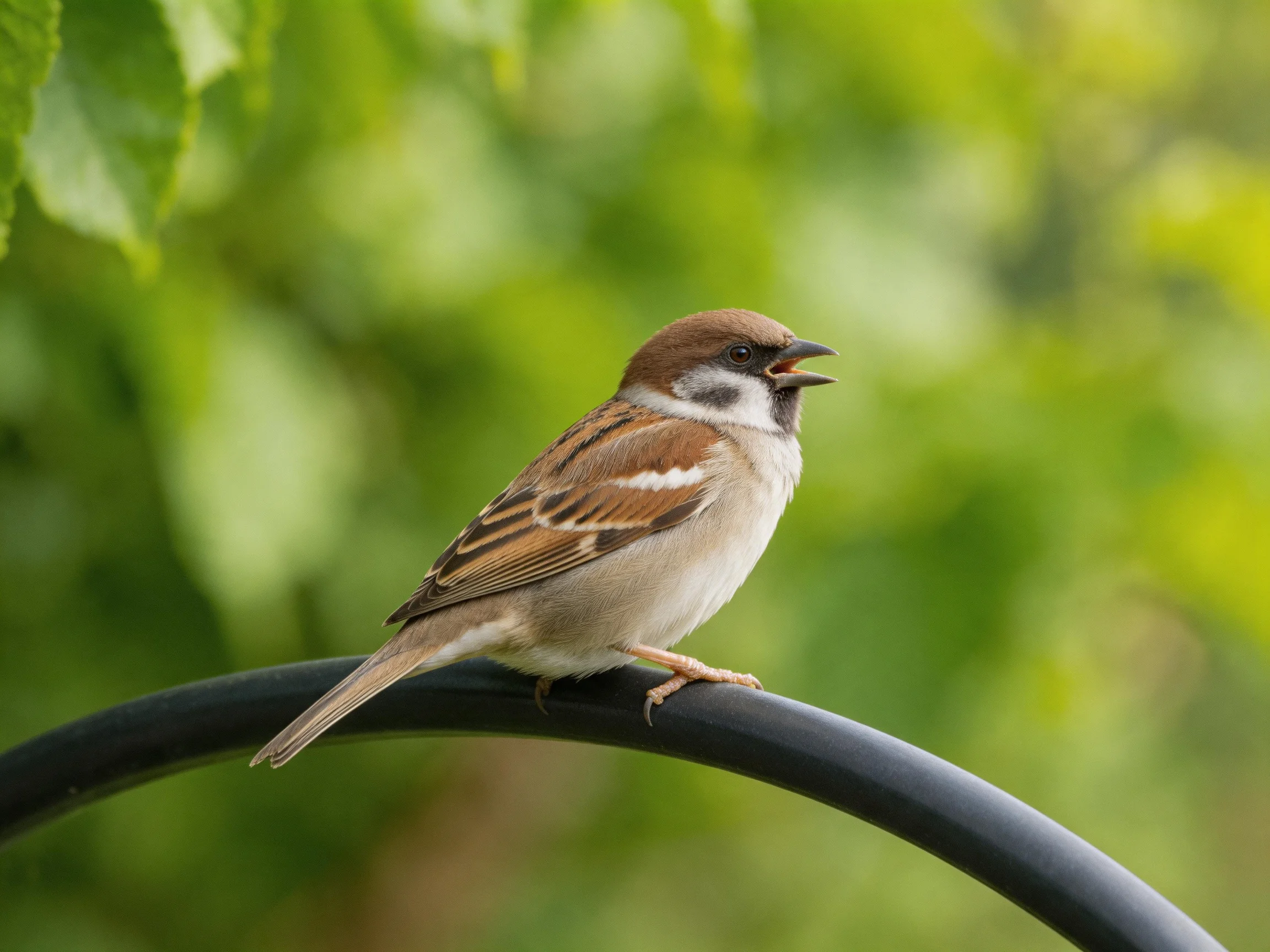 A brown and white sparrow perched on a black curved bar