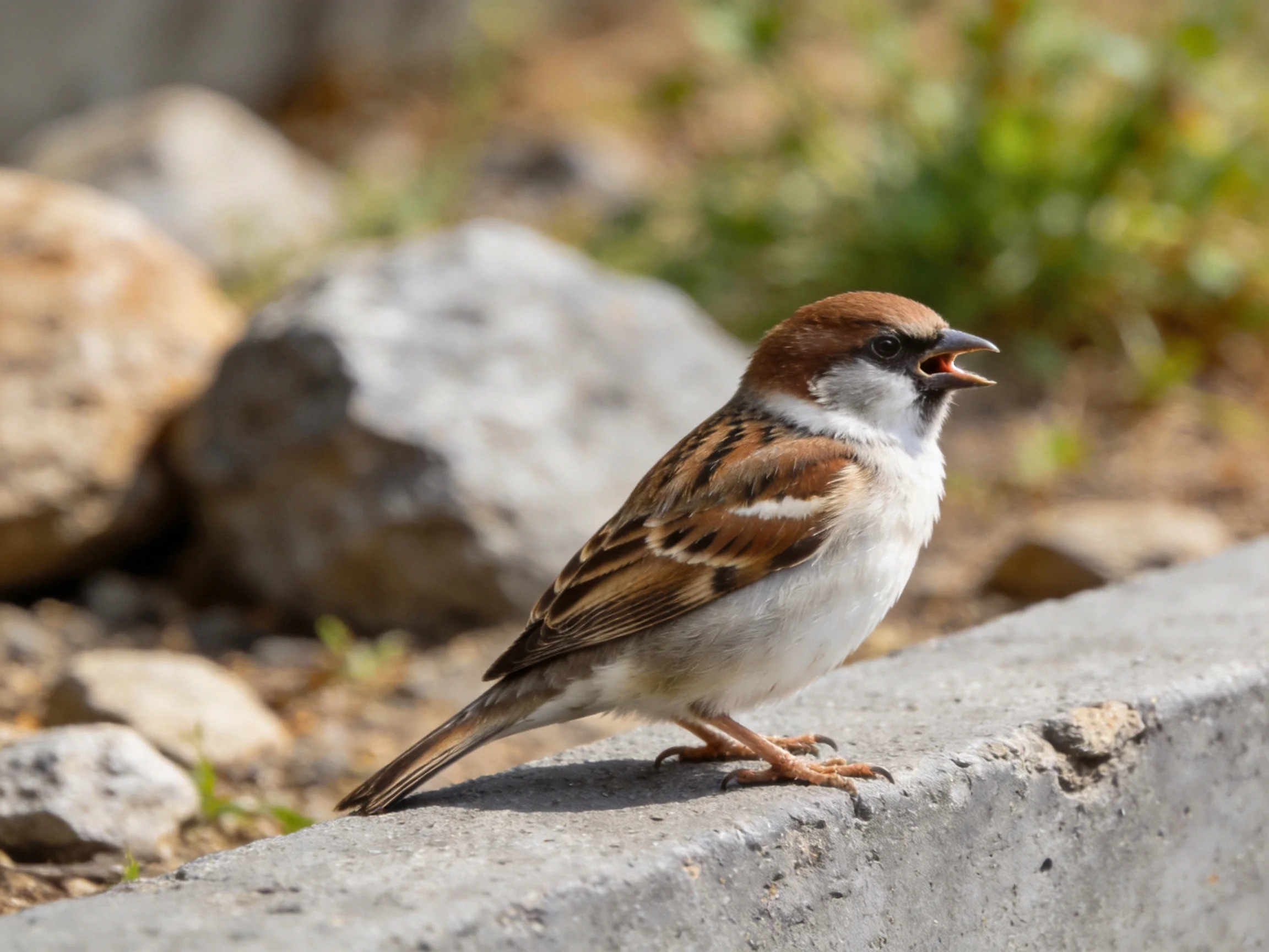 A brown and white sparrow perched on a gray concrete ledge